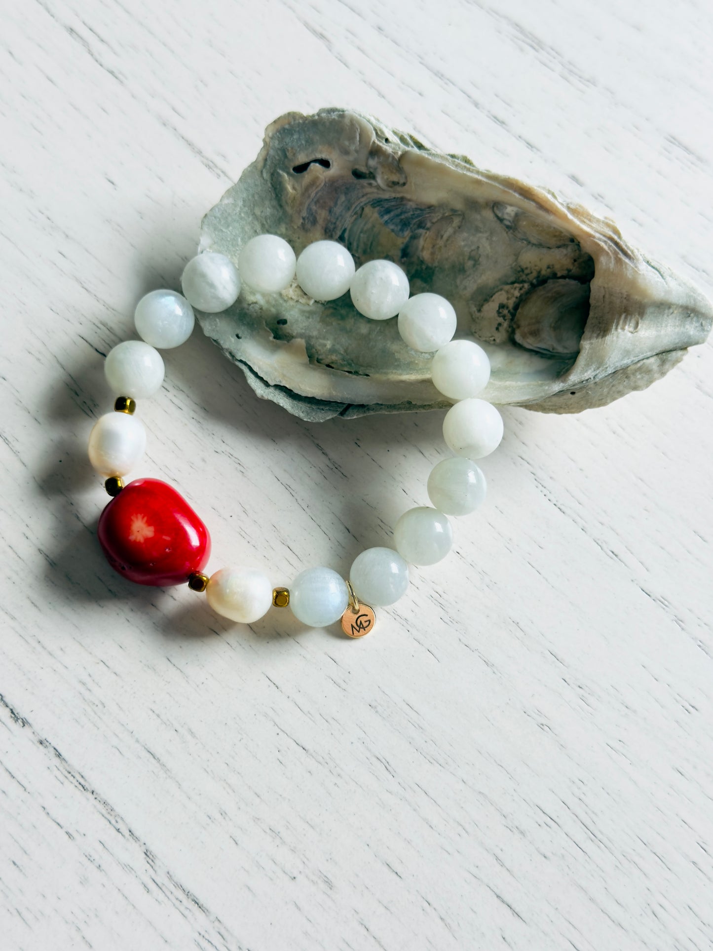 Moonstone - Natural Pearl - Raw Coral Bracelet