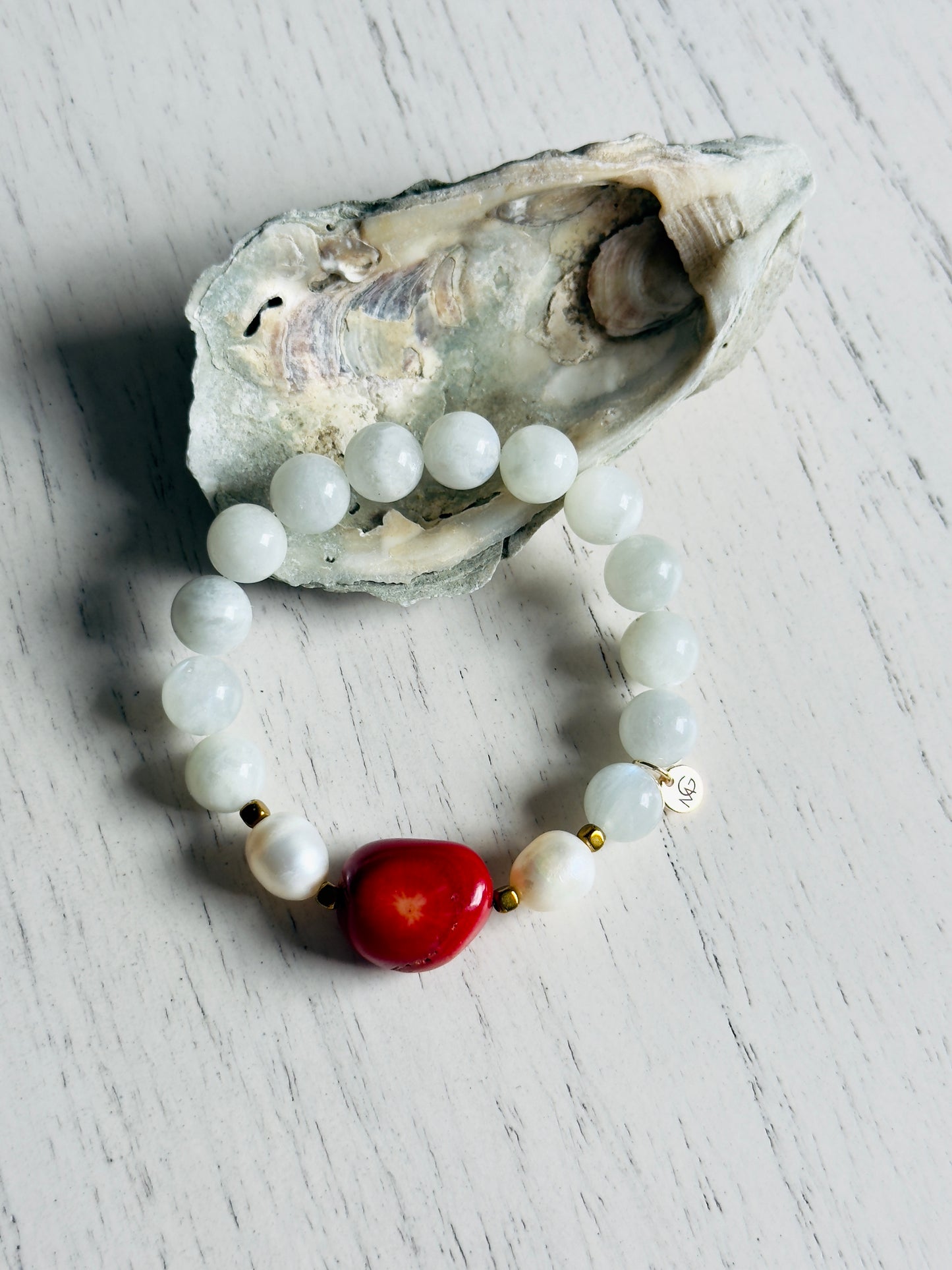Moonstone - Natural Pearl - Raw Coral Bracelet