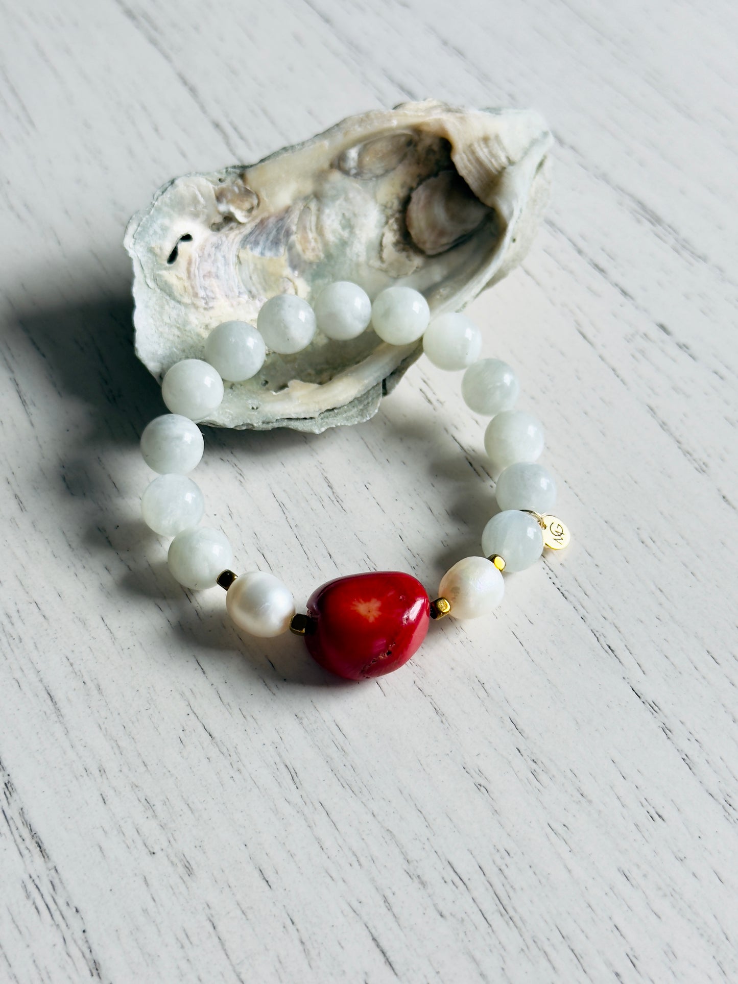 Moonstone - Natural Pearl - Raw Coral Bracelet