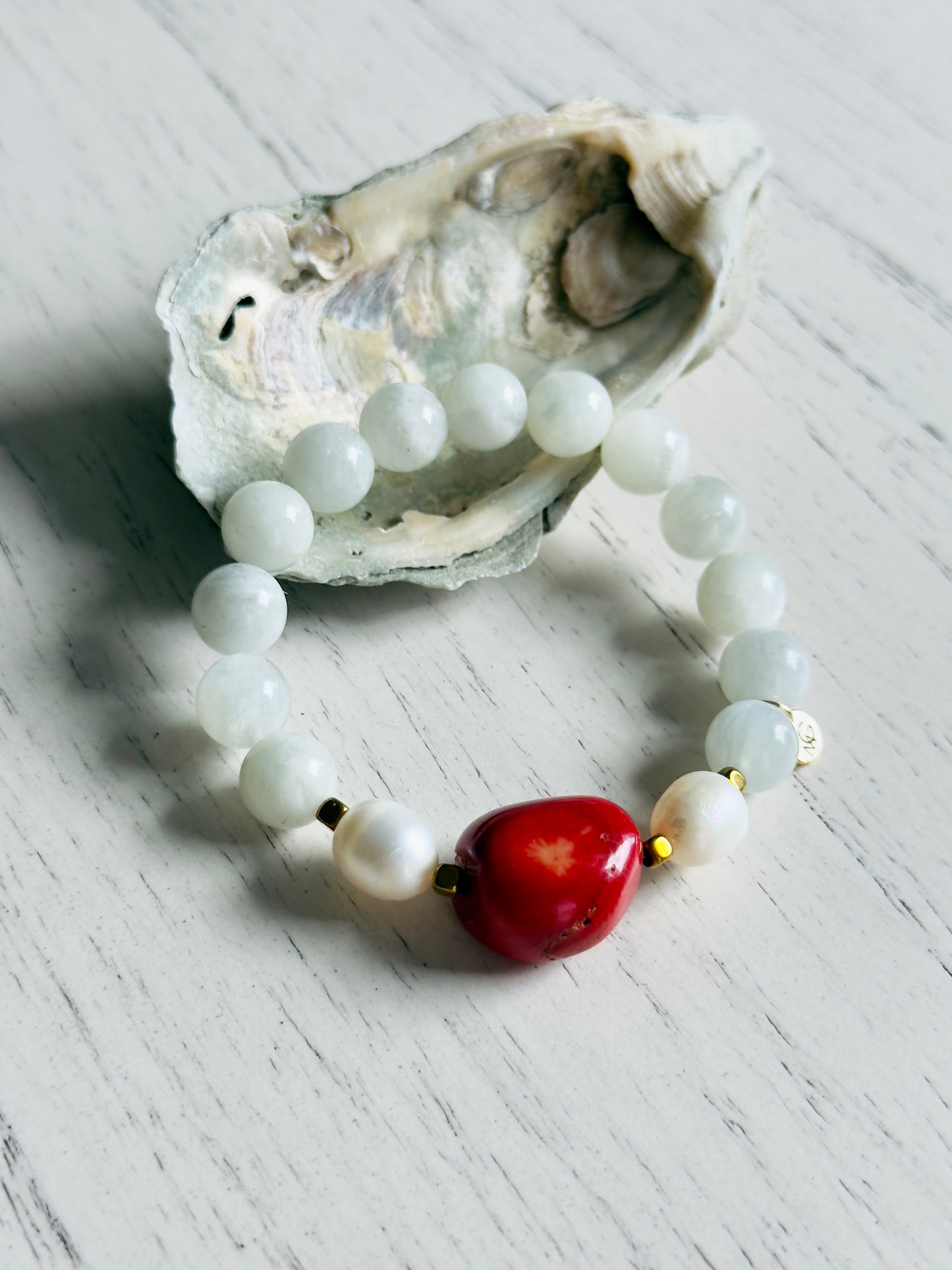 Moonstone - Natural Pearl - Raw Coral Bracelet