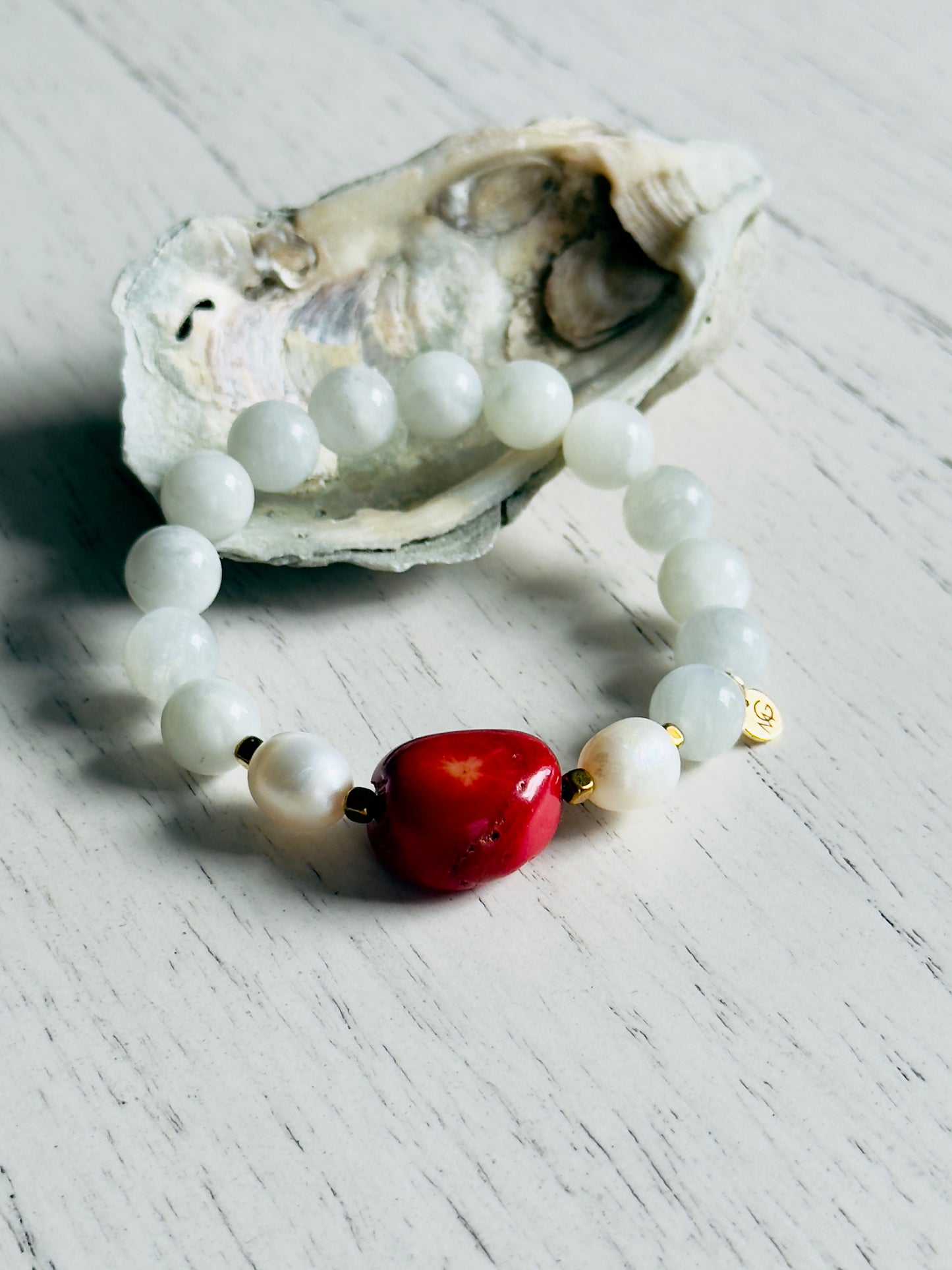 Moonstone - Natural Pearl - Raw Coral Bracelet