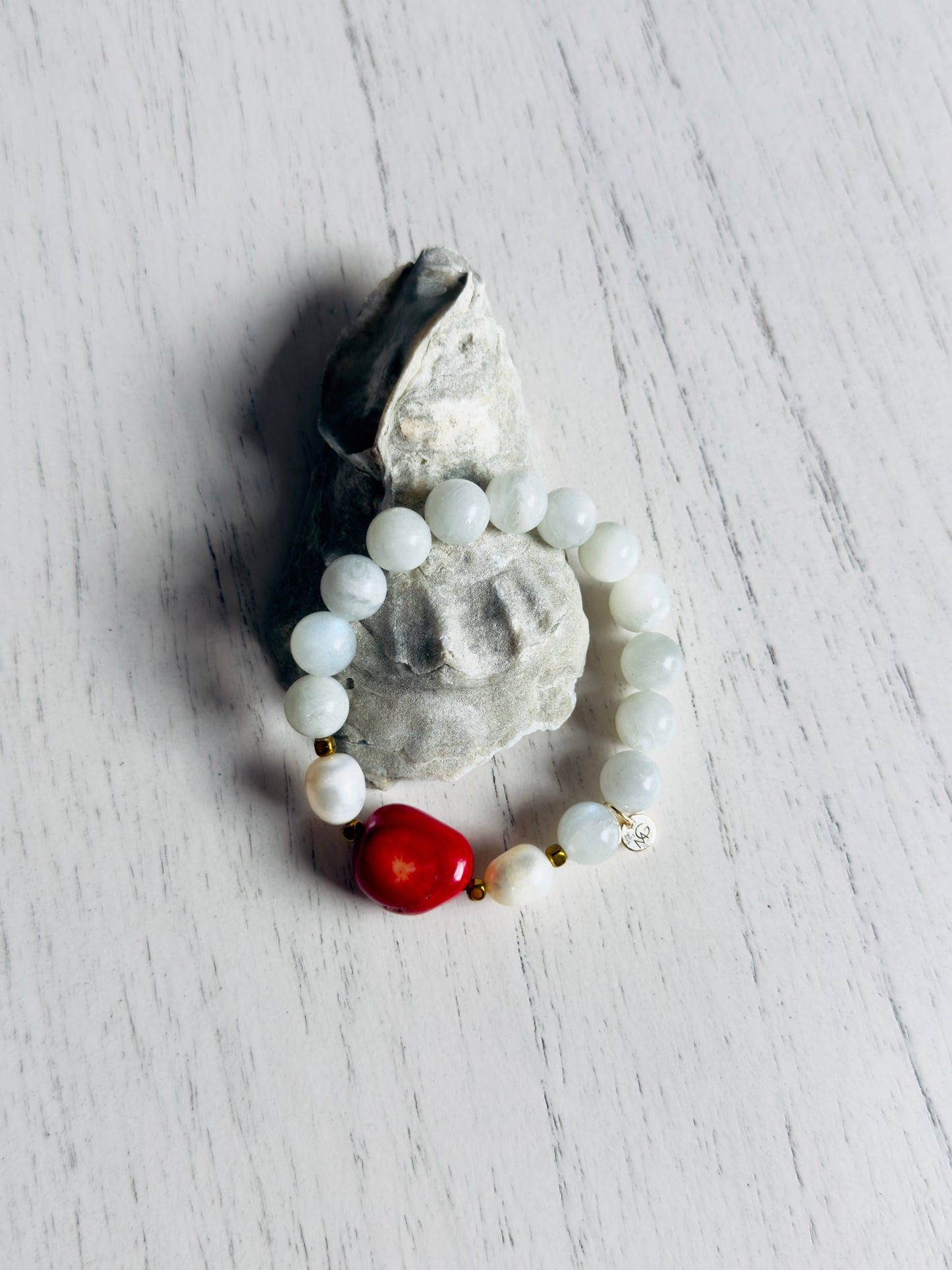 Moonstone - Natural Pearl - Raw Coral Bracelet