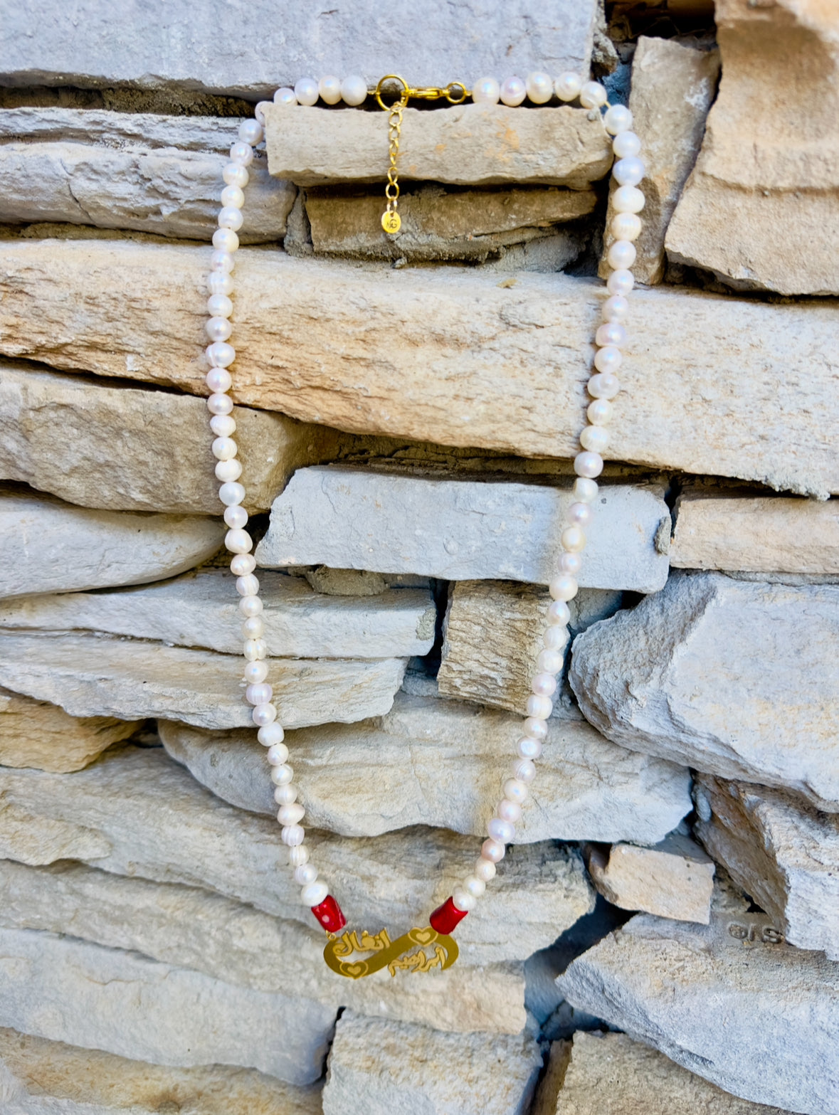 Customized Gold Plated Silver Name Pearl-Coral Necklace and Bracelet Set
