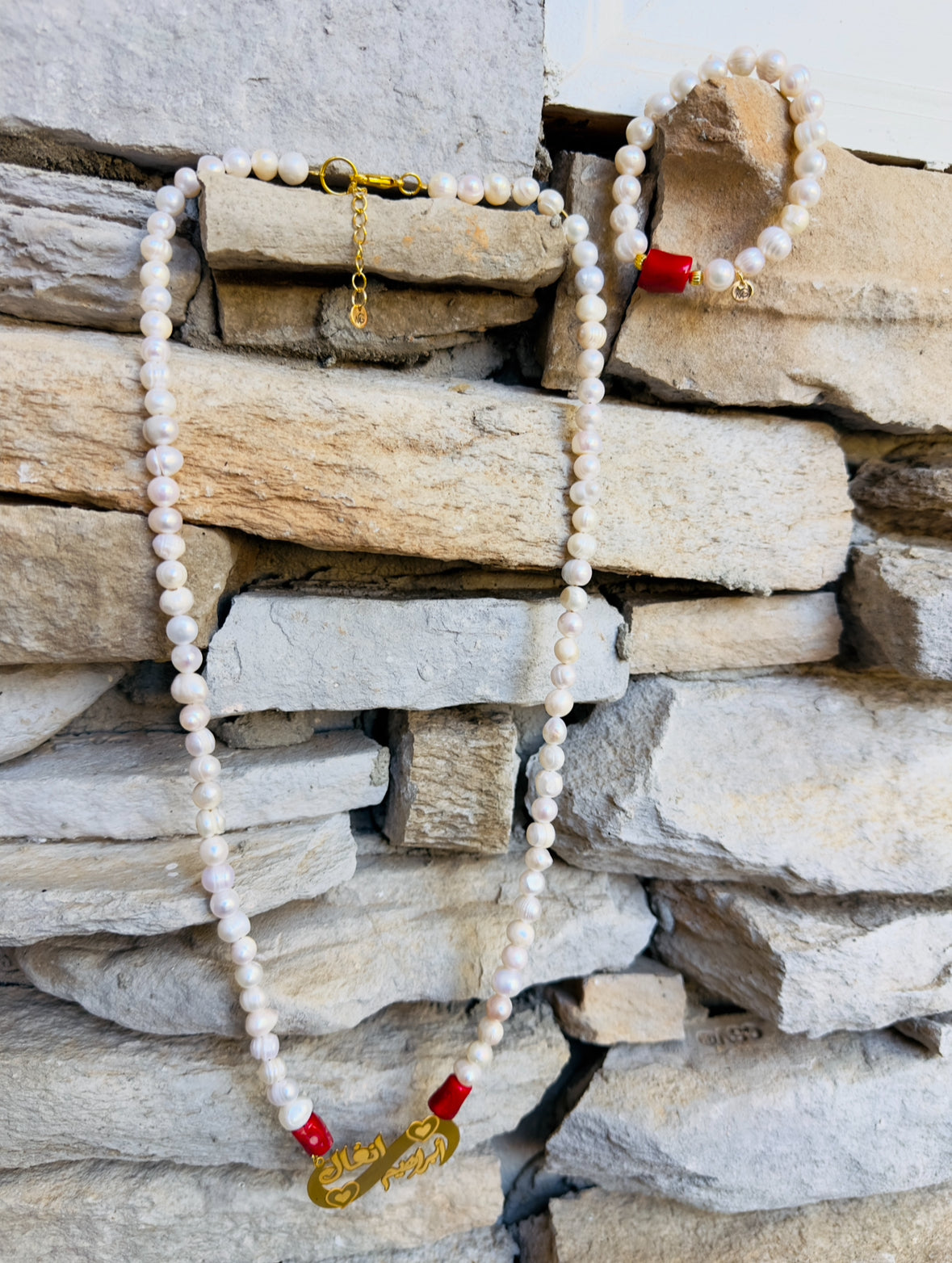 Customized Gold Plated Silver Name Pearl-Coral Necklace and Bracelet Set