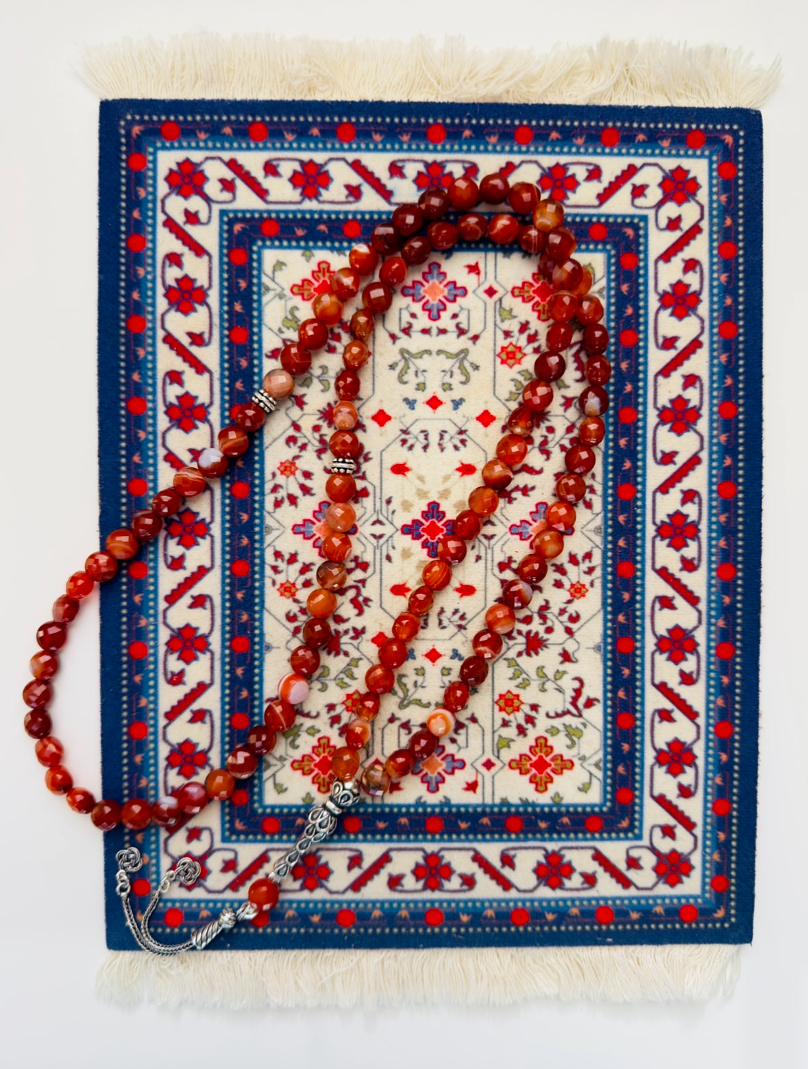 99-Bead Faceted Red Agate Misbaha W/Silver