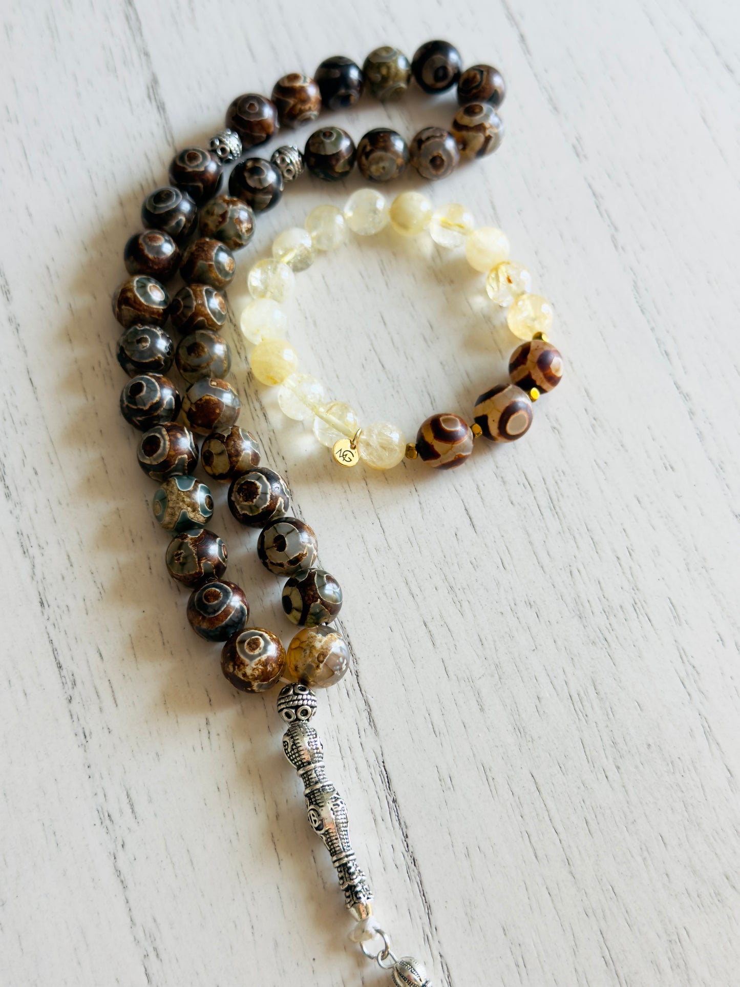 33-Bead Tibetan Agate - Citrine Misbaha and Bracelet Set