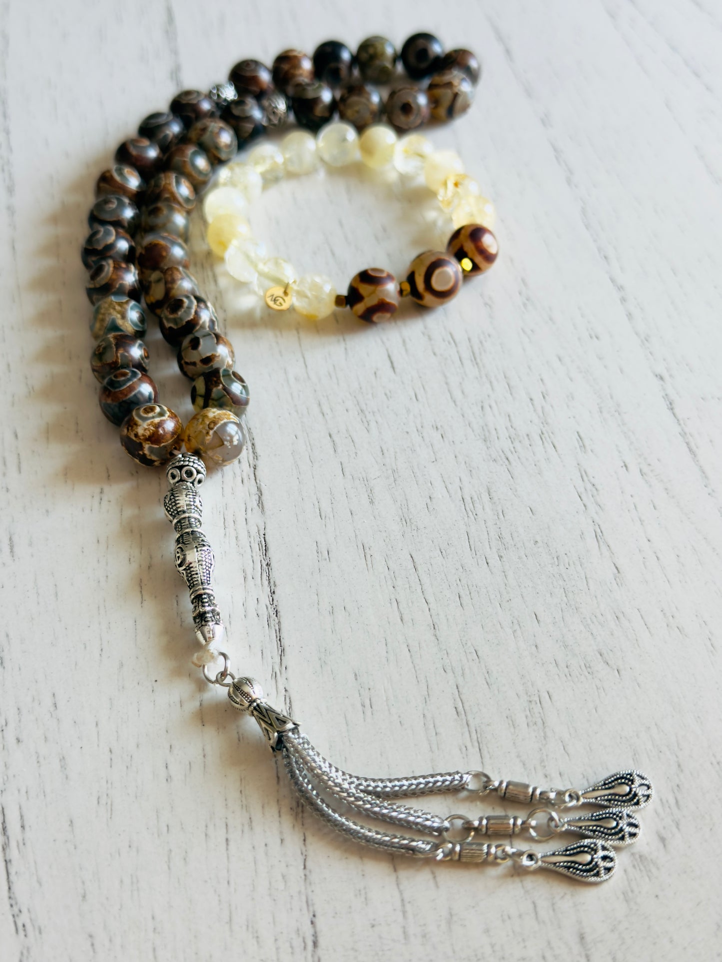 33-Bead Tibetan Agate - Citrine Misbaha and Bracelet Set