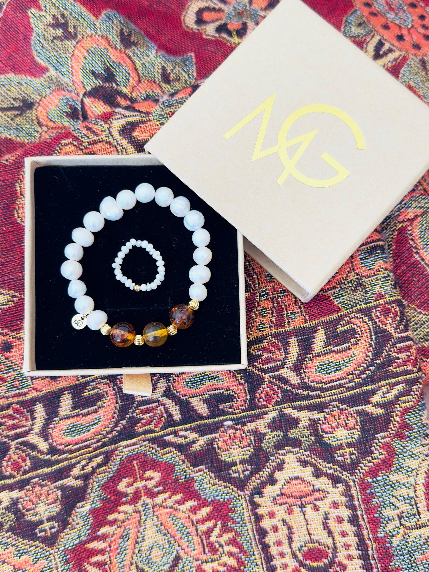 Natural Freshwater Pearl-Natural Amber Bracelet + Ring