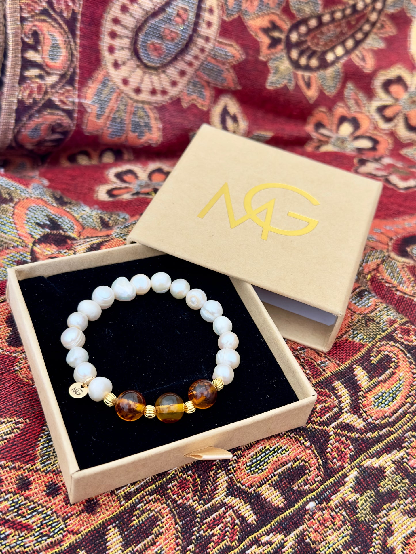 Natural Freshwater Pearl-Natural Amber Bracelet + Ring