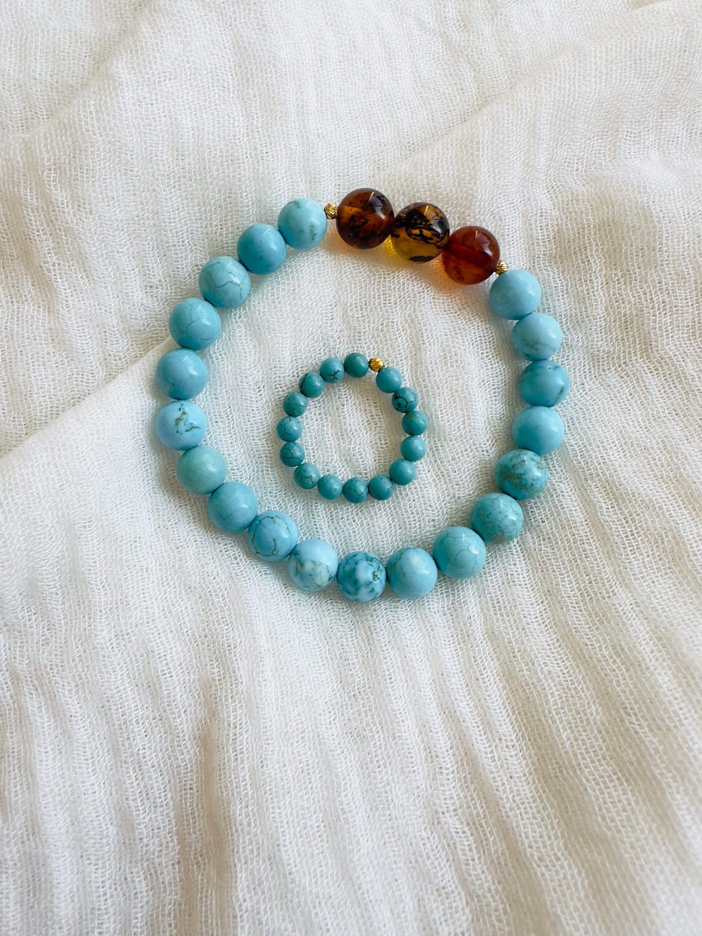 Turquoise-Amber Bracelet And Turquoise Ring With Golden 21-K Spacers (SPECIAL OFFER)