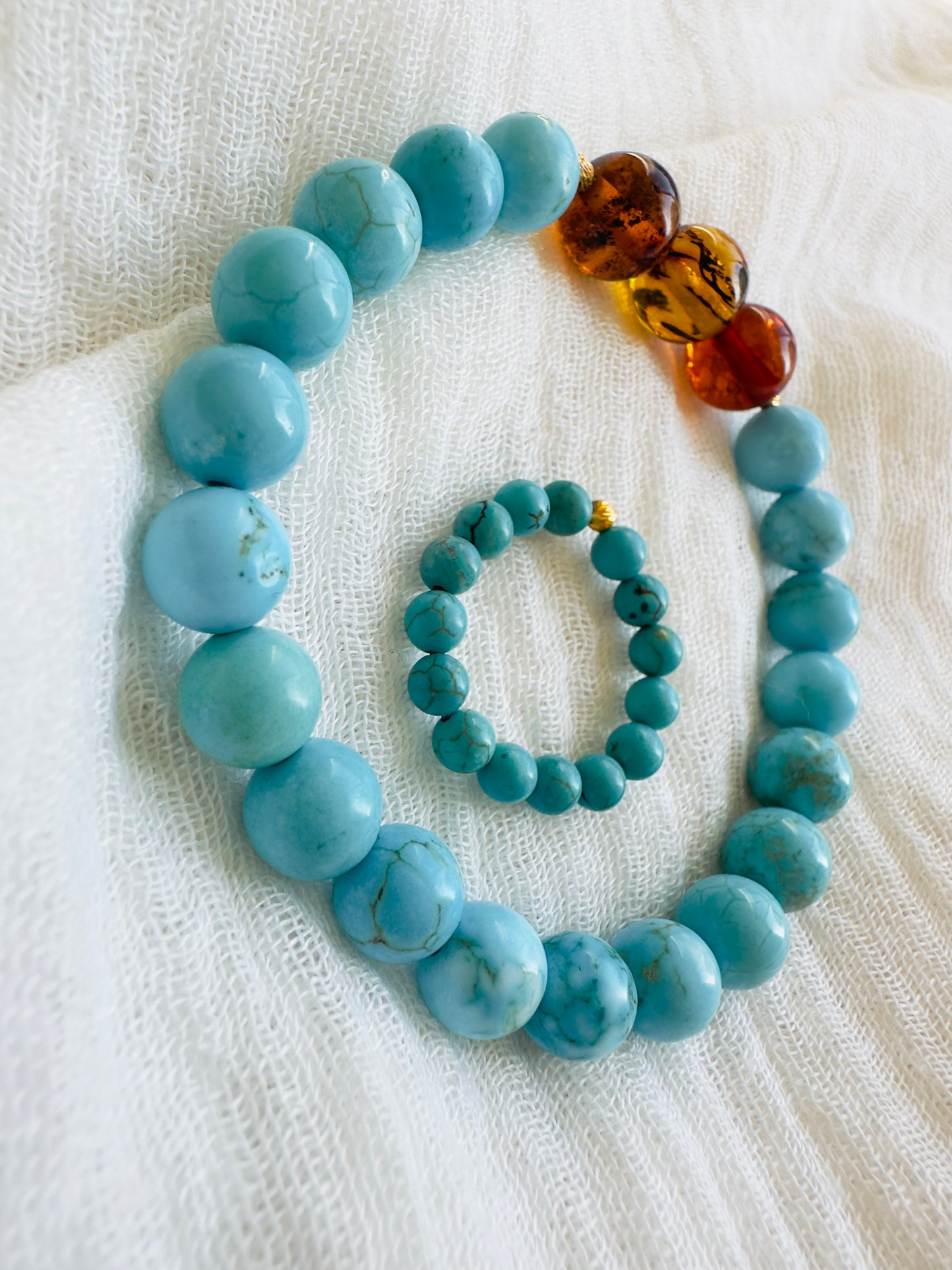 Turquoise-Amber Bracelet And Turquoise Ring With Golden 21-K Spacers (SPECIAL OFFER)