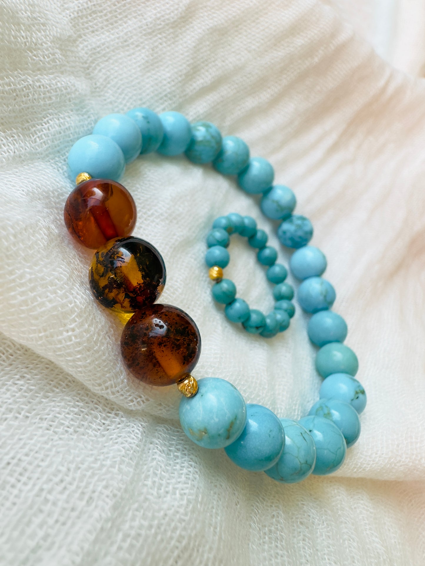 Turquoise-Amber Bracelet And Turquoise Ring With Golden 21-K Spacers (SPECIAL OFFER)