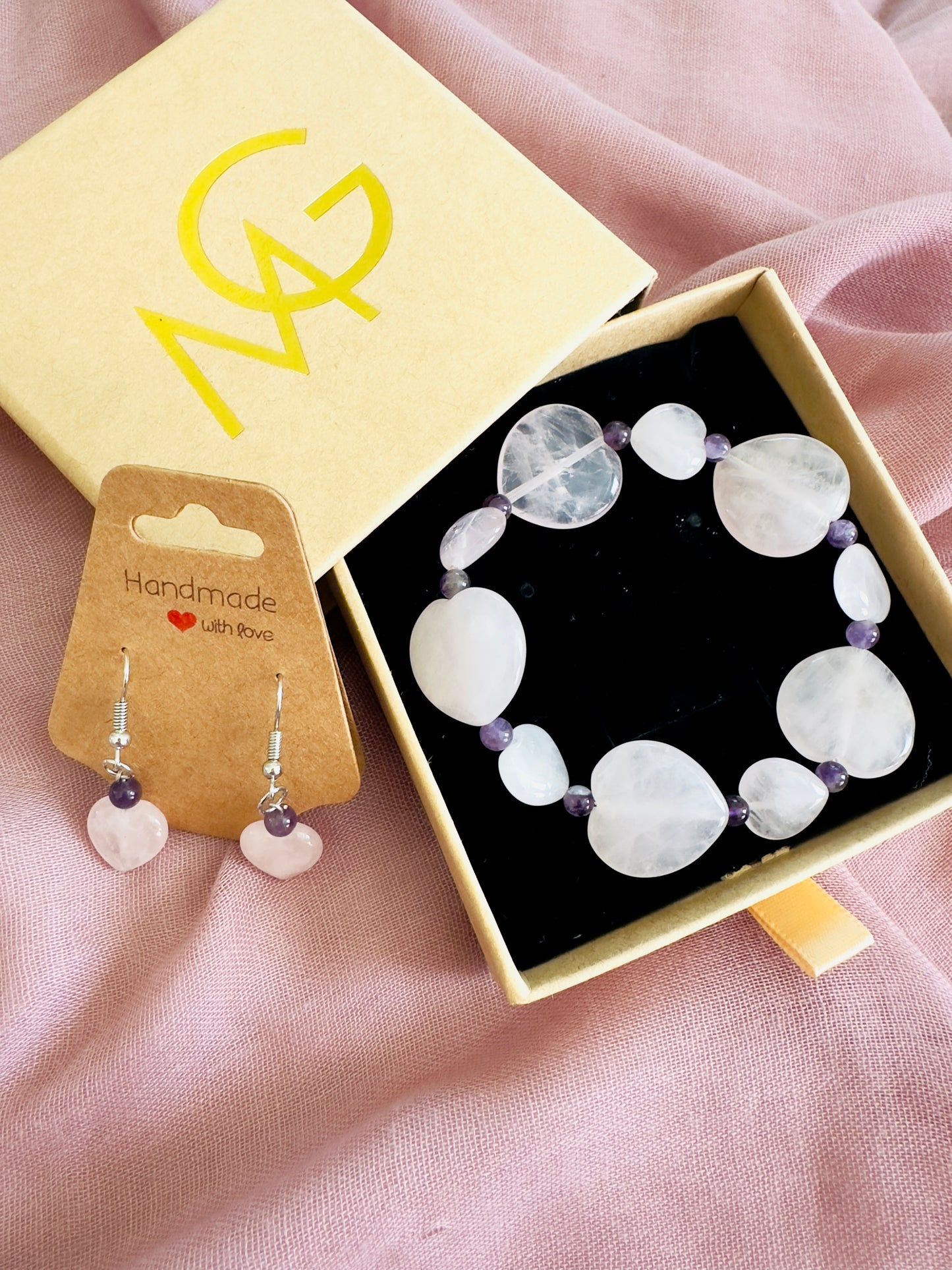 Heart-Shaped Rose Quartz-Amethyst Earrings And Bracelet Set