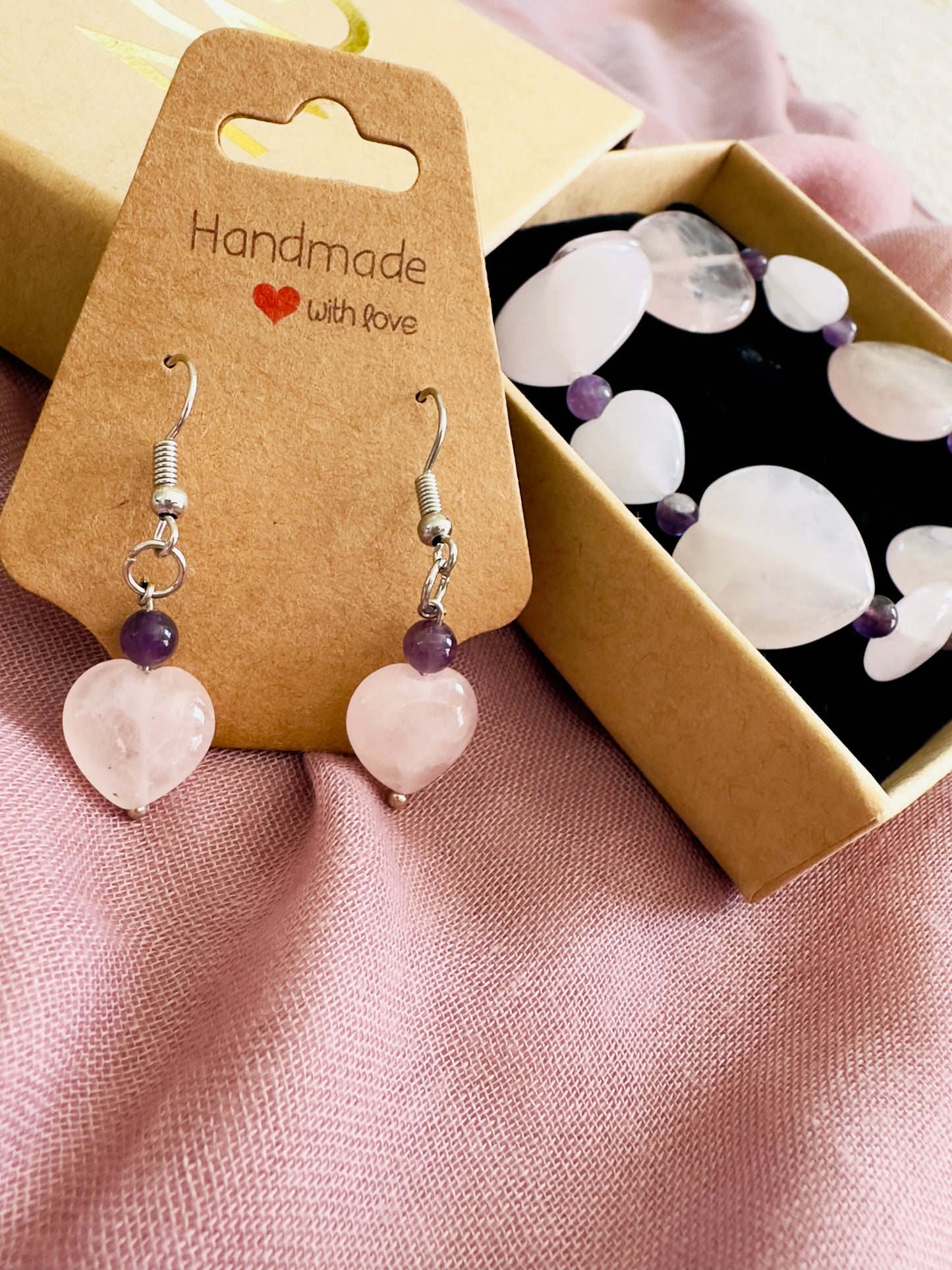 Heart-Shaped Rose Quartz-Amethyst Earrings And Bracelet Set