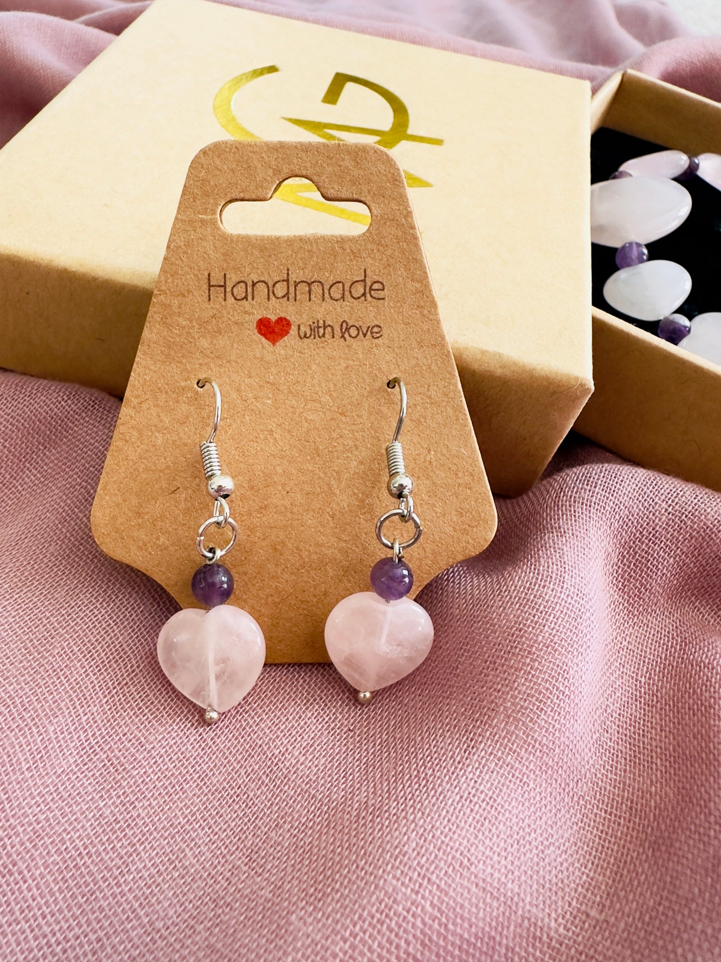 Heart-Shaped Rose Quartz-Amethyst Earrings And Bracelet Set