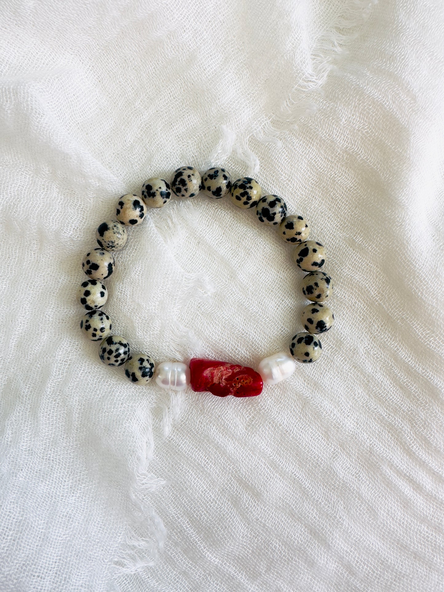 Dalmation Jasper-Natural Coral-Natural Freshwater Pearl Bracelet