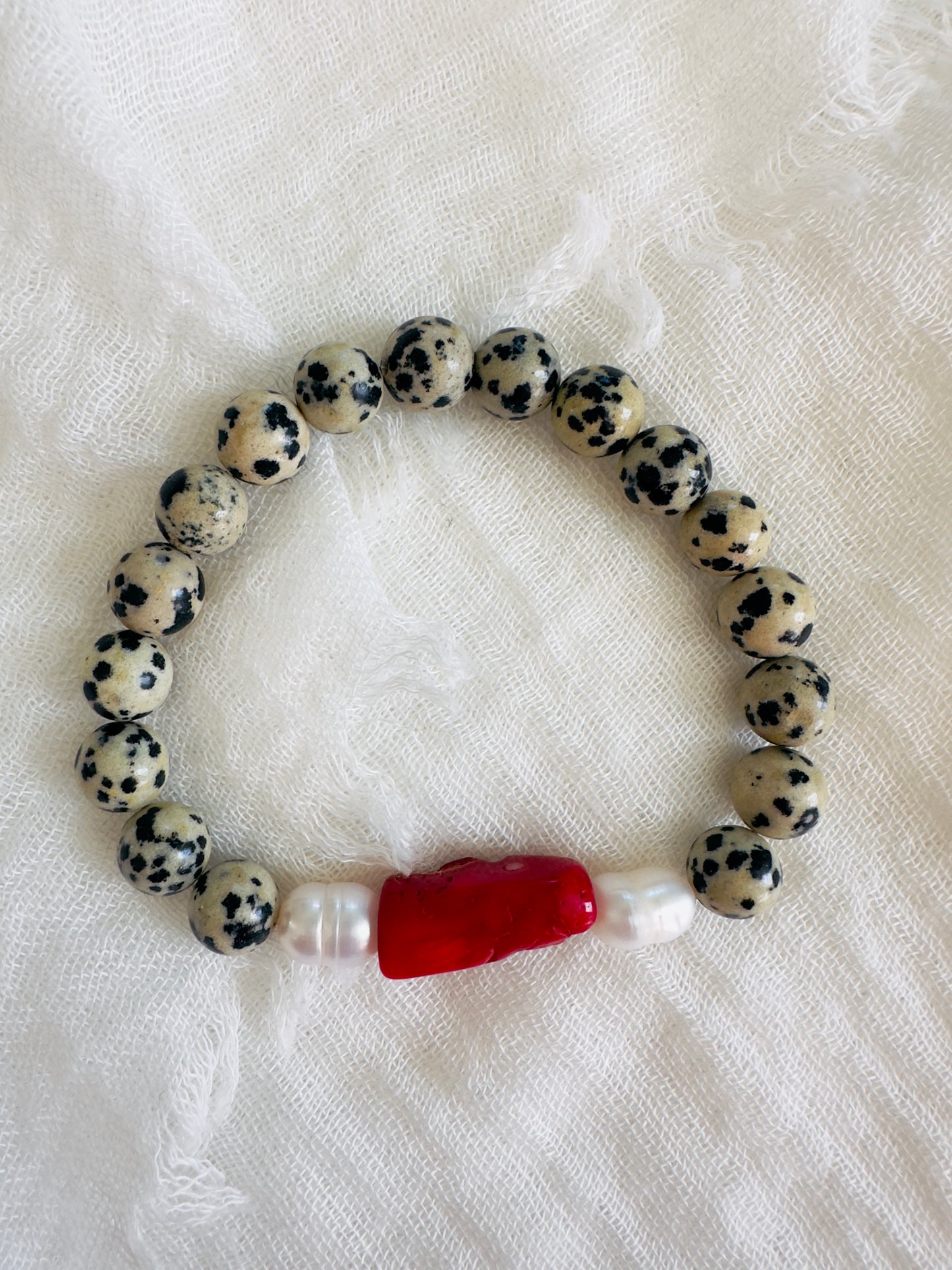 Dalmation Jasper-Natural Coral-Natural Freshwater Pearl Bracelet