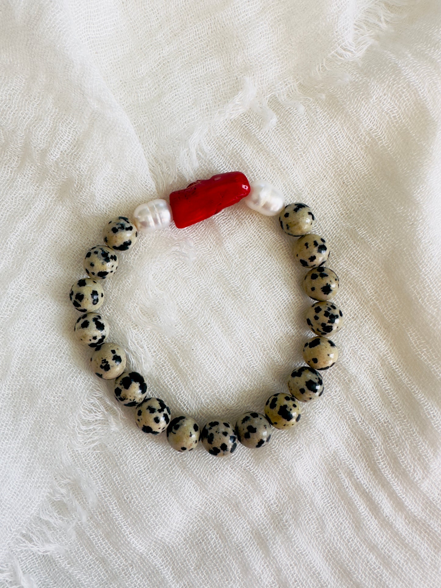 Dalmation Jasper-Natural Coral-Natural Freshwater Pearl Bracelet