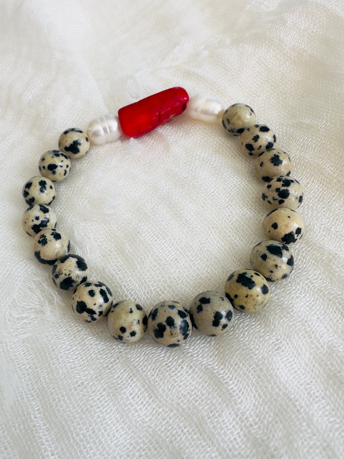 Dalmation Jasper-Natural Coral-Natural Freshwater Pearl Bracelet