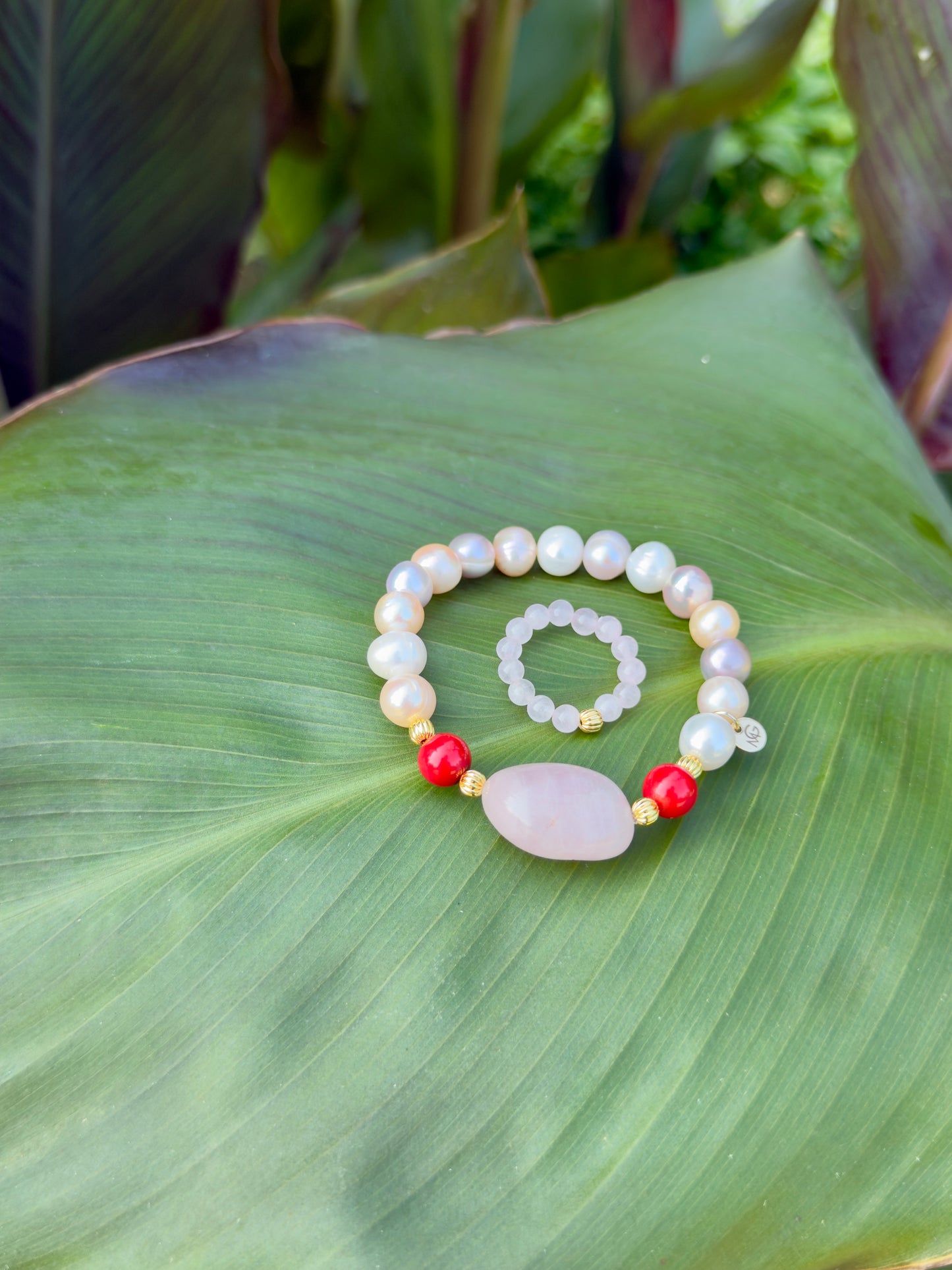 Natural Pearl - Natural Coral - Raw Rose Quartz Bracelet + Ring Set