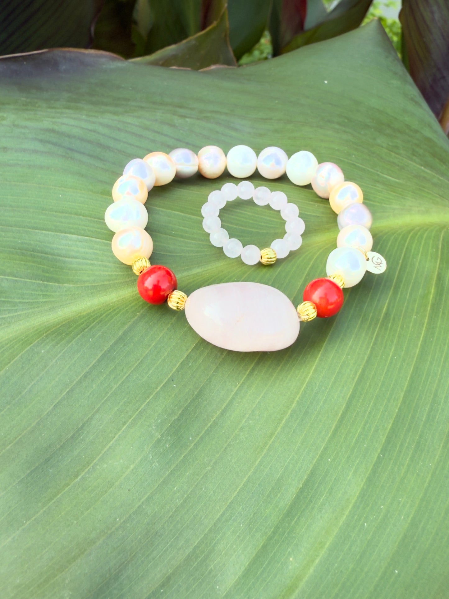 Natural Pearl - Natural Coral - Raw Rose Quartz Bracelet + Ring Set