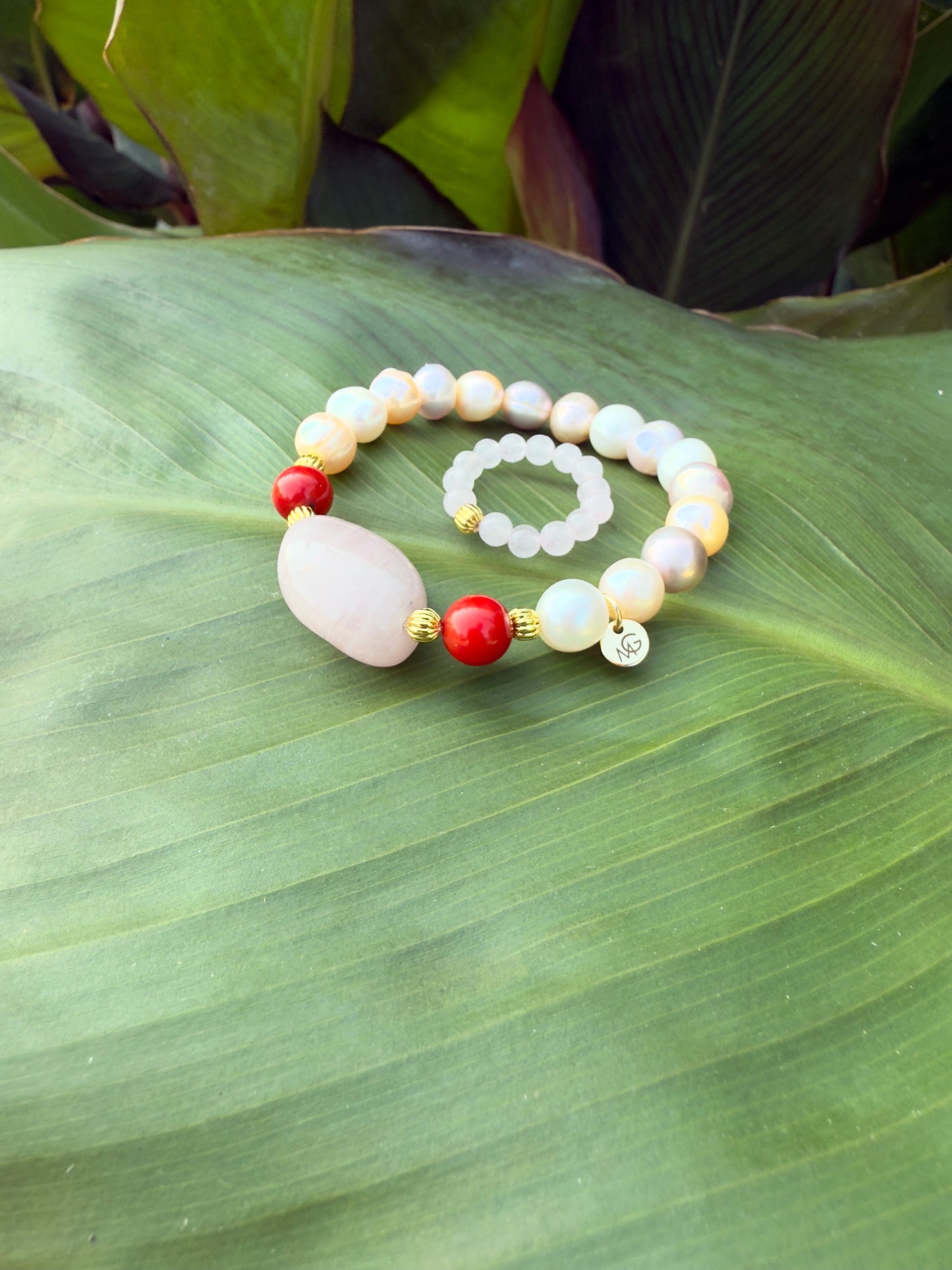 Natural Pearl - Natural Coral - Raw Rose Quartz Bracelet + Ring Set
