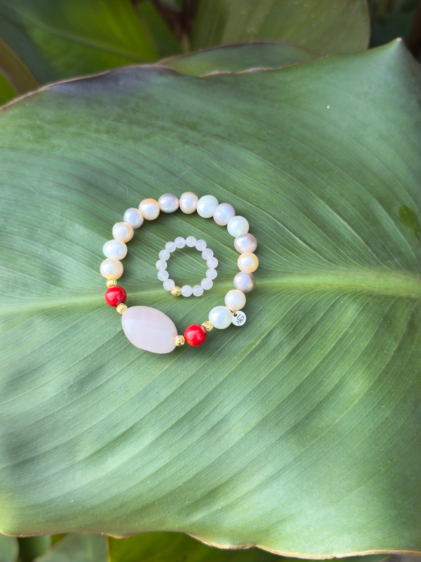 Natural Pearl - Natural Coral - Raw Rose Quartz Bracelet + Ring Set
