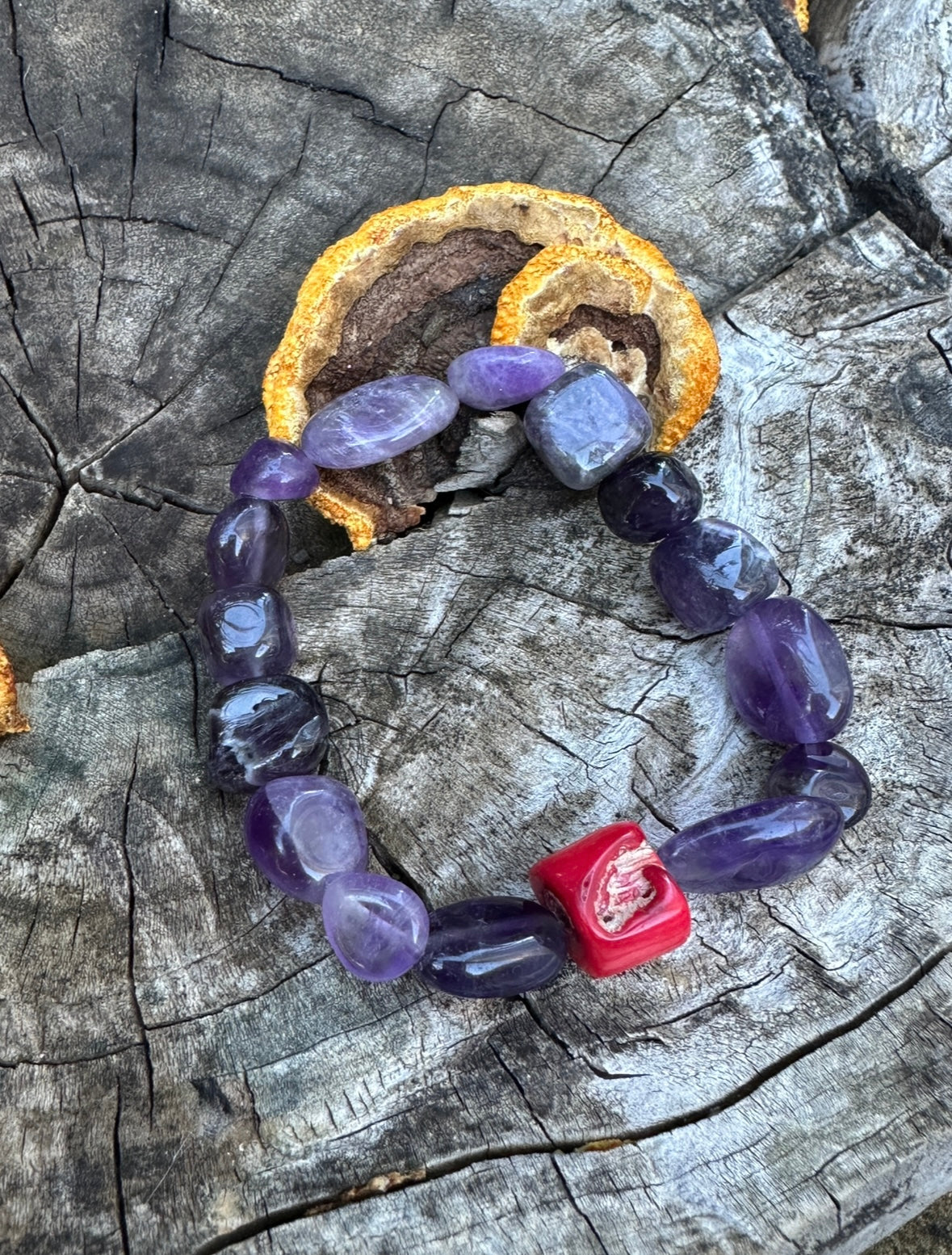 Natural Coral - Amethyst Bracelet