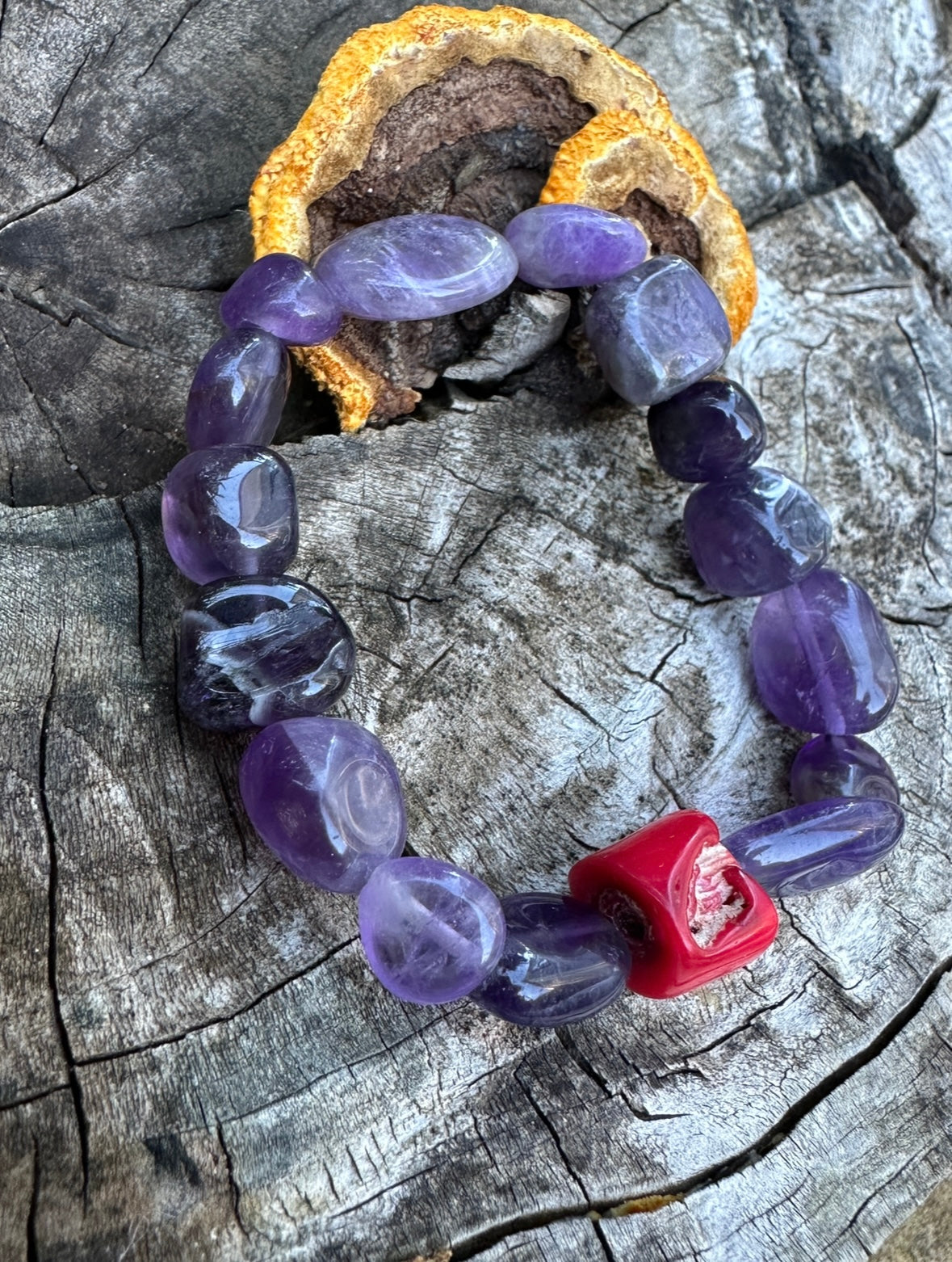 Natural Coral - Amethyst Bracelet