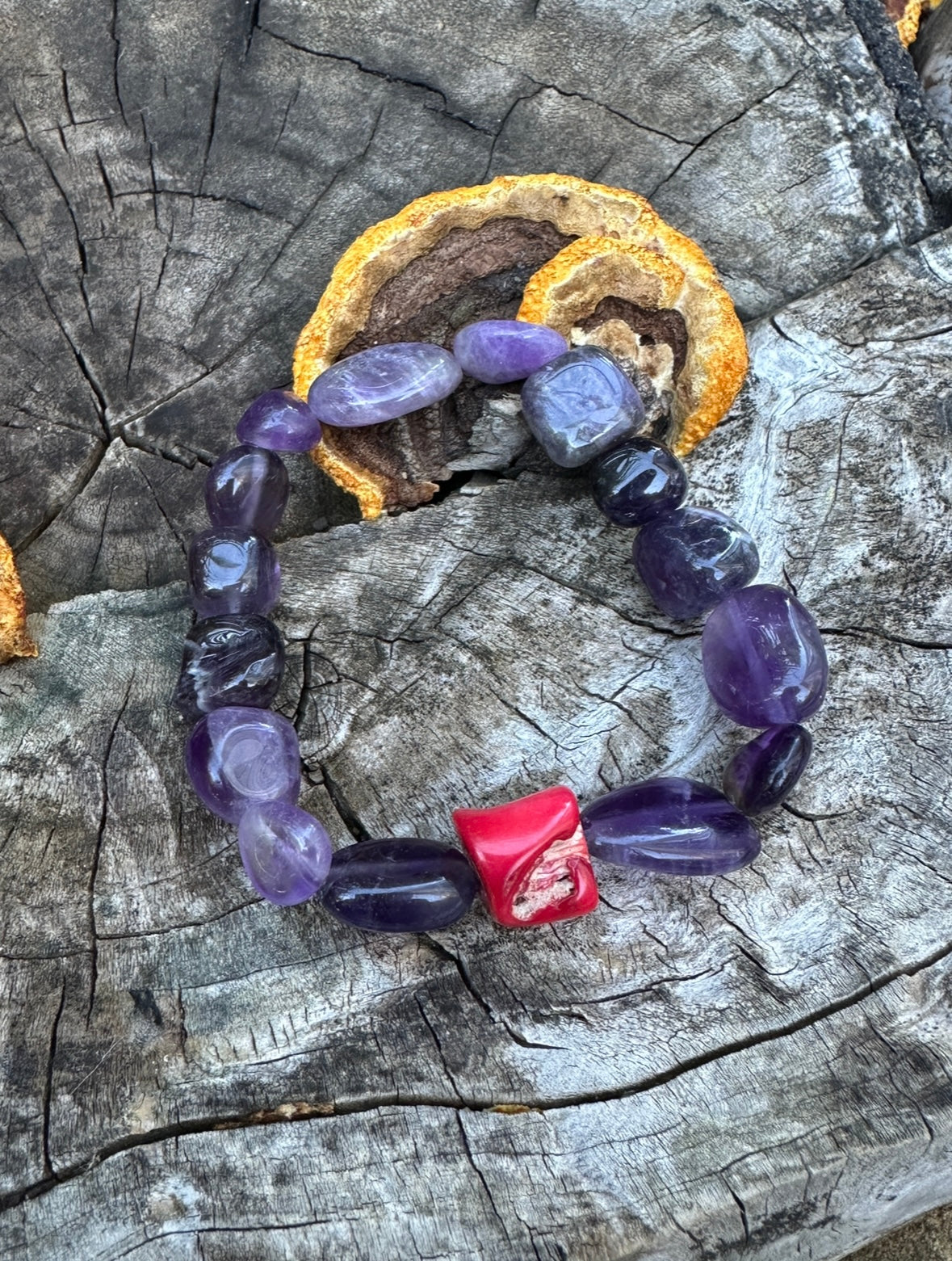 Natural Coral - Amethyst Bracelet