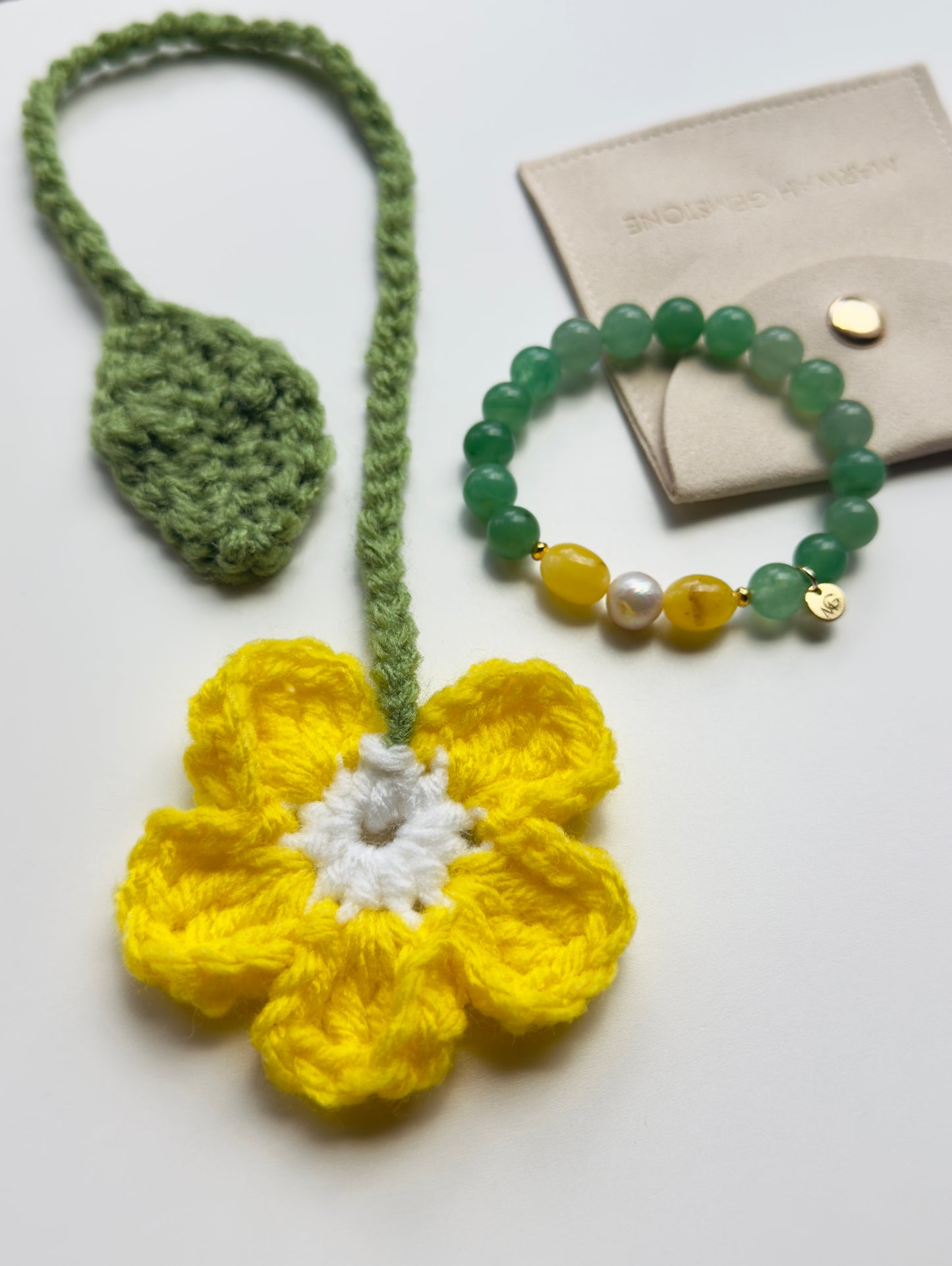 Green Aventurine - Yellow Amber - Natural Pearl Bracelet + Handmade Crocheted Bookmark Exclusive Set