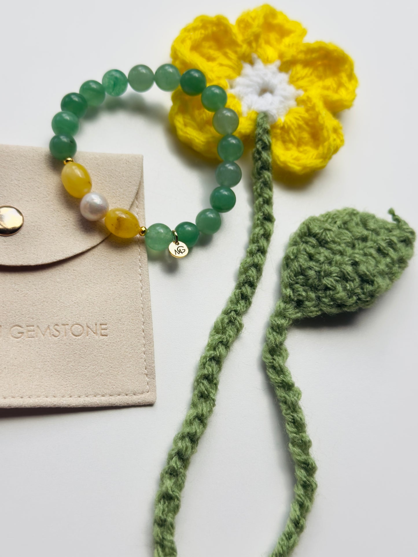 Green Aventurine - Yellow Amber - Natural Pearl Bracelet + Handmade Crocheted Bookmark Exclusive Set
