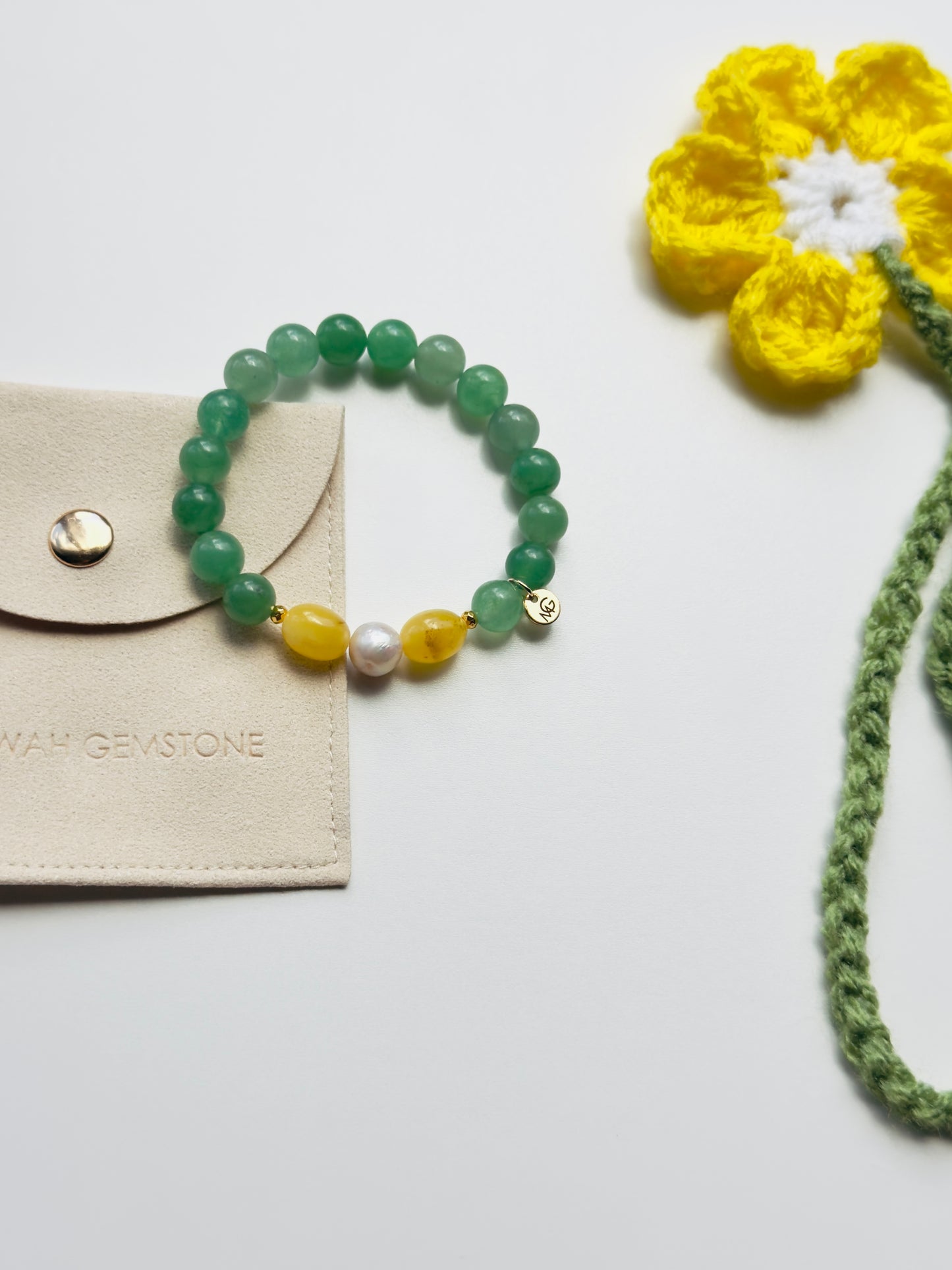Green Aventurine - Yellow Amber - Natural Pearl Bracelet + Handmade Crocheted Bookmark Exclusive Set