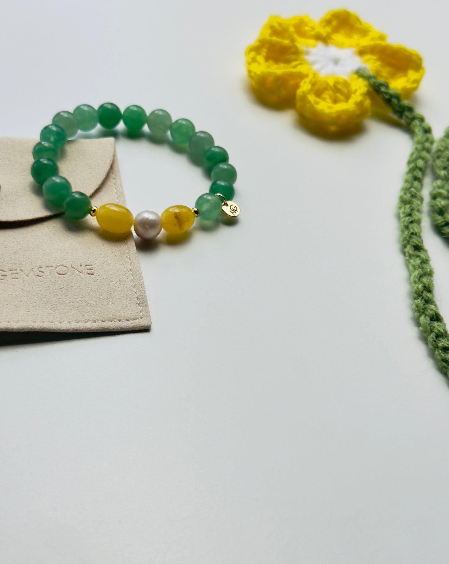 Green Aventurine - Yellow Amber - Natural Pearl Bracelet + Handmade Crocheted Bookmark Exclusive Set