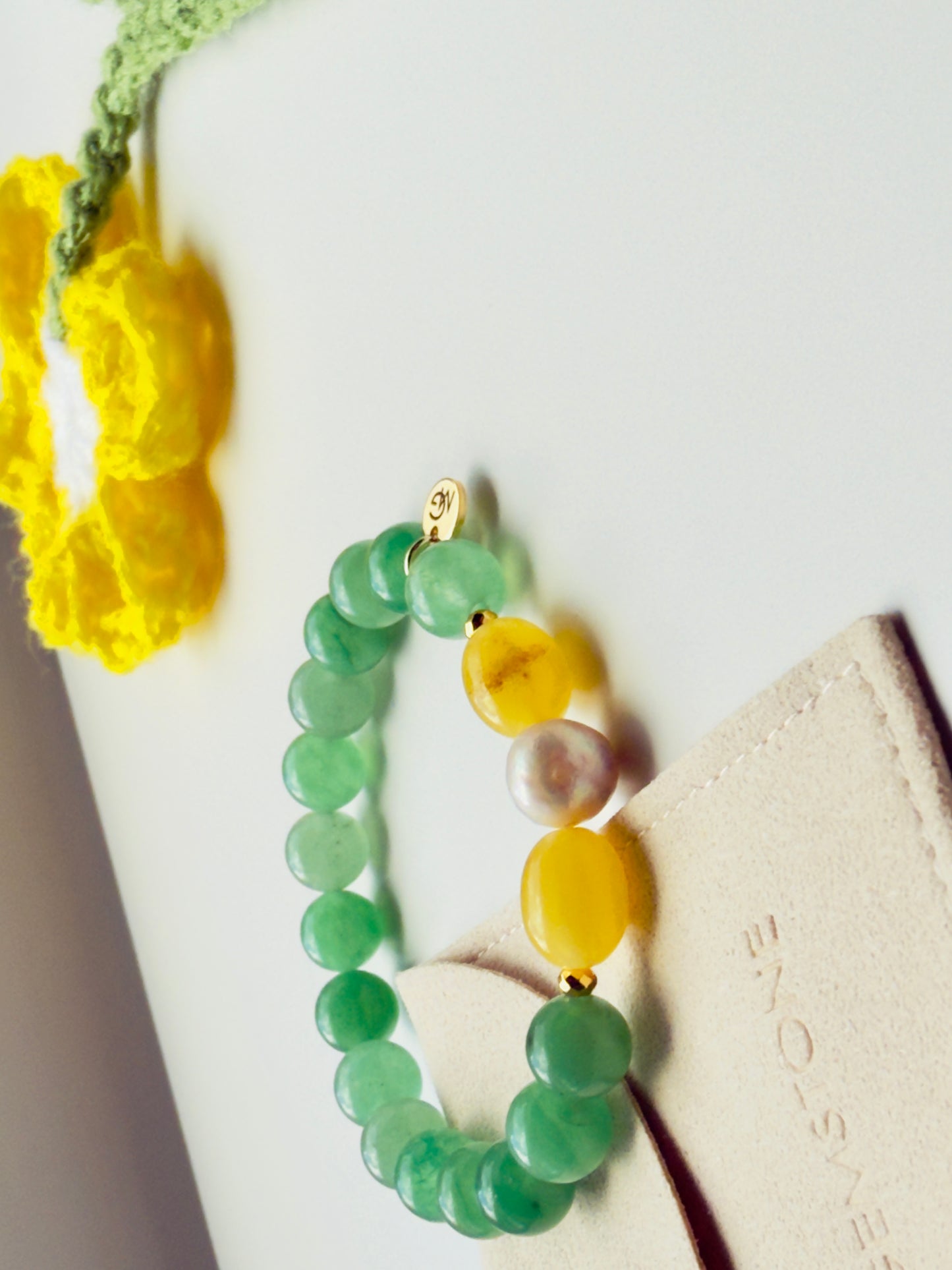 Green Aventurine - Yellow Amber - Natural Pearl Bracelet + Handmade Crocheted Bookmark Exclusive Set
