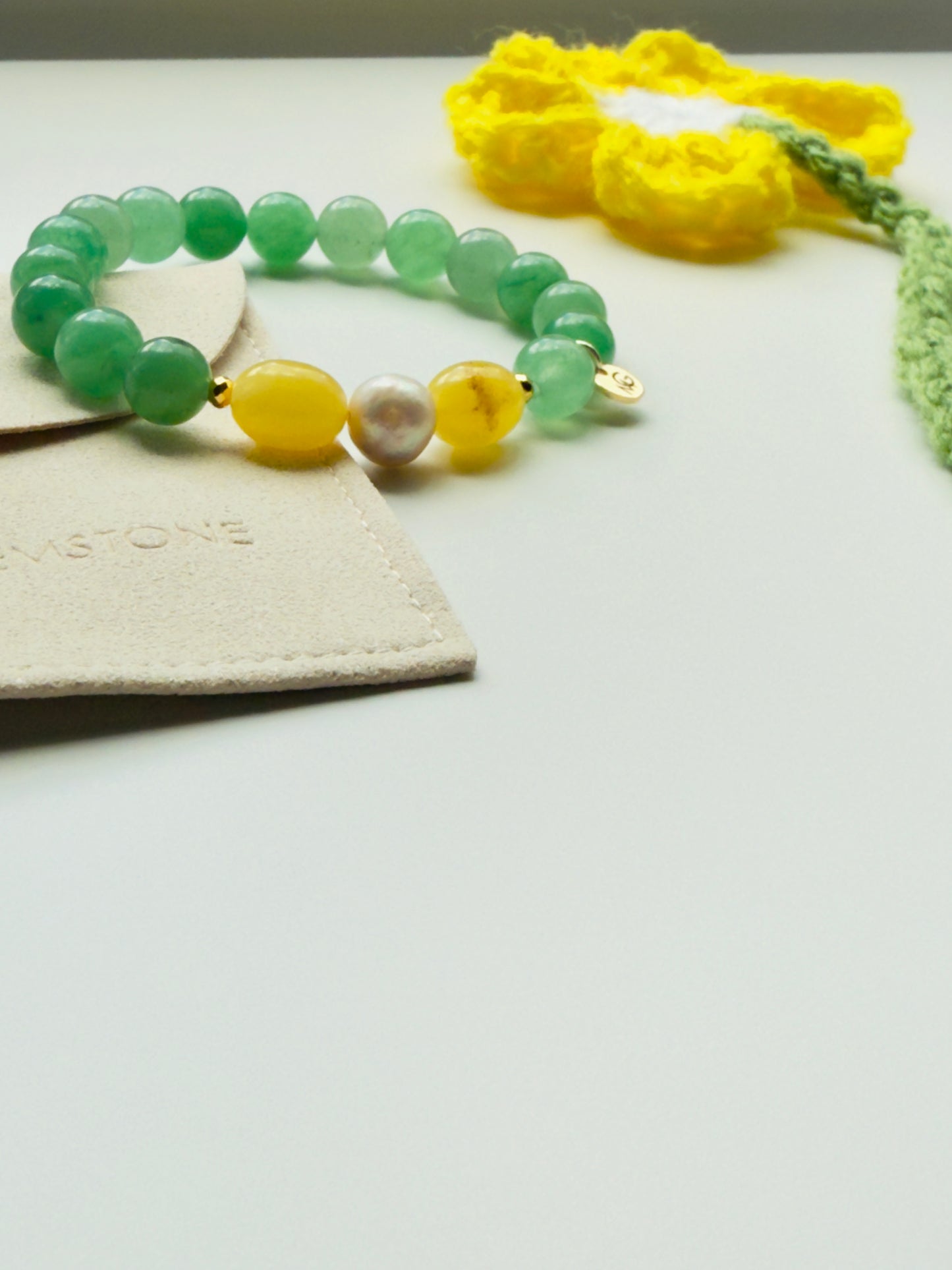 Green Aventurine - Yellow Amber - Natural Pearl Bracelet + Handmade Crocheted Bookmark Exclusive Set