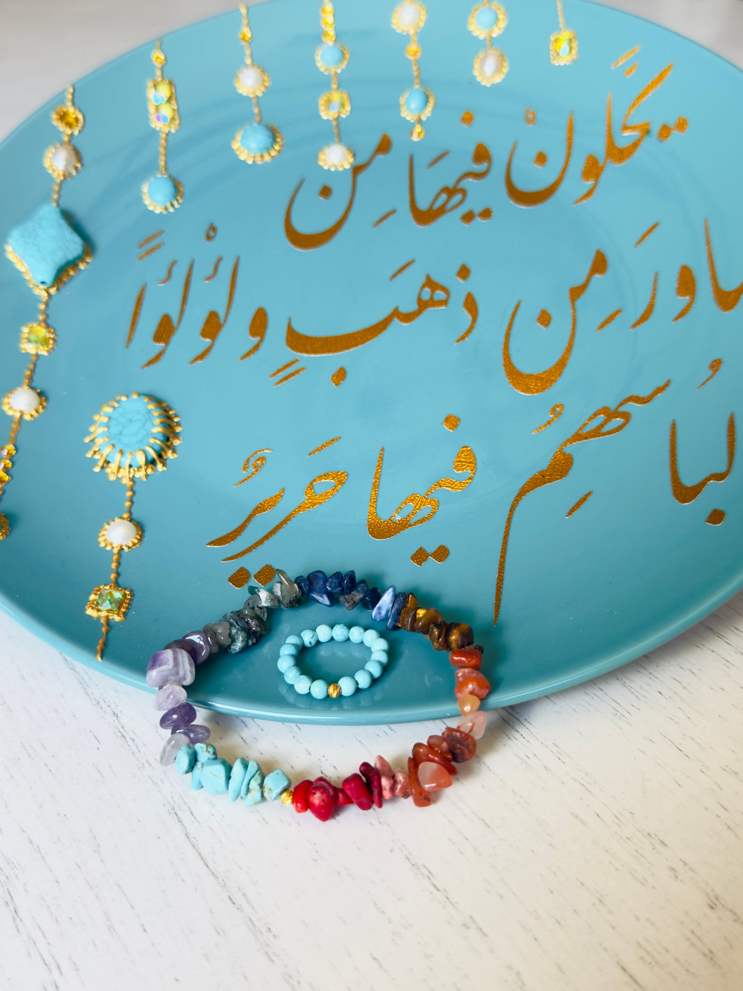 Chipped Chakra Bracelet with Golden Metal Spacers + Turquoise Ring Set