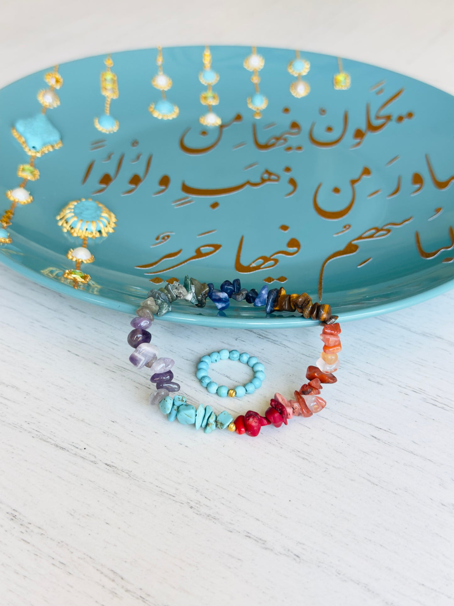 Chipped Chakra Bracelet with Golden Metal Spacers + Turquoise Ring Set