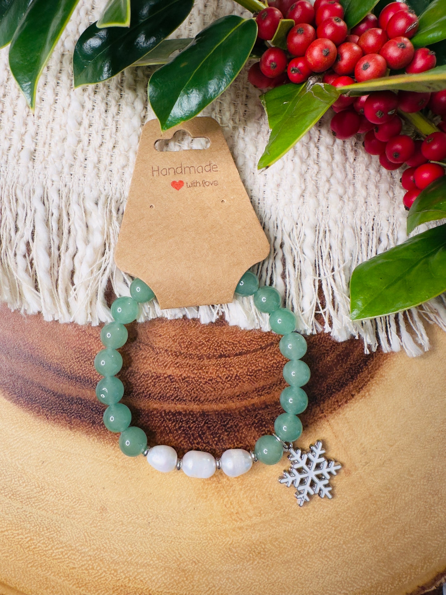 Green Aventurine-Natural Freshwater Pearl Bracelet W/ Snowflake Charm