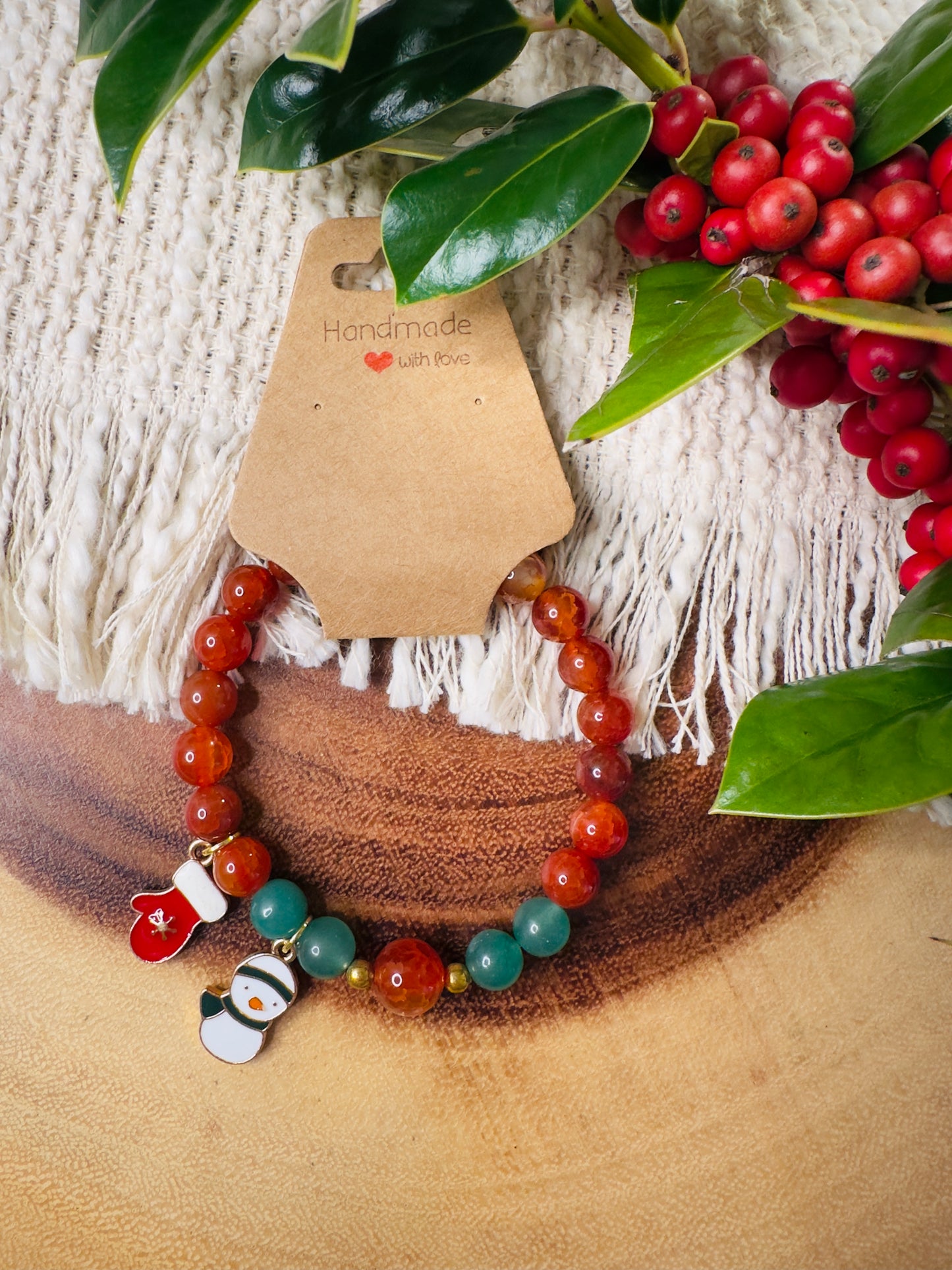 Red Agate-Green Aventurine Bracelet W/ Snowman and Mitten Charms