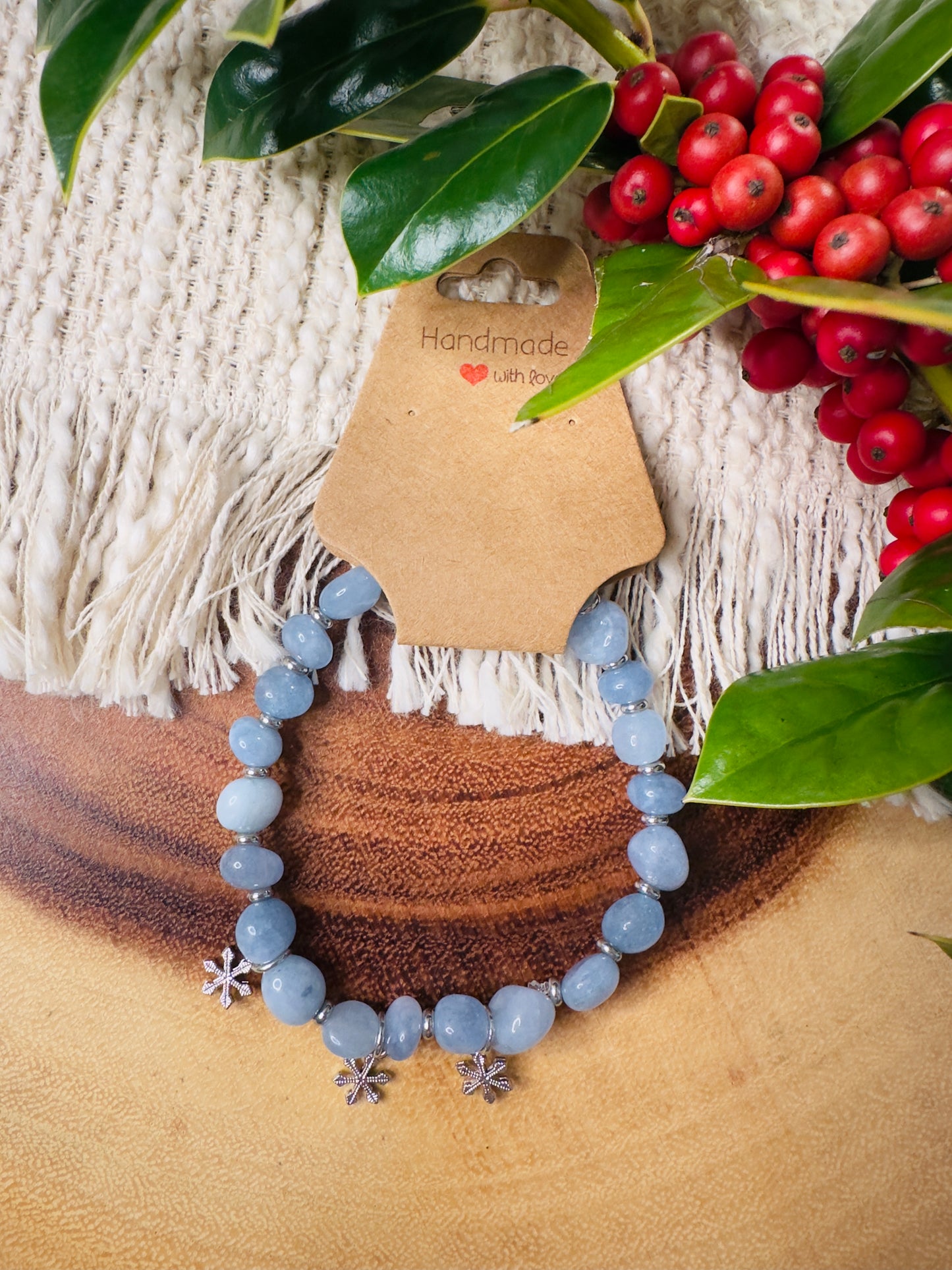 Blue Aquamarine Bracelet W/ Tiny Snowflake Charms