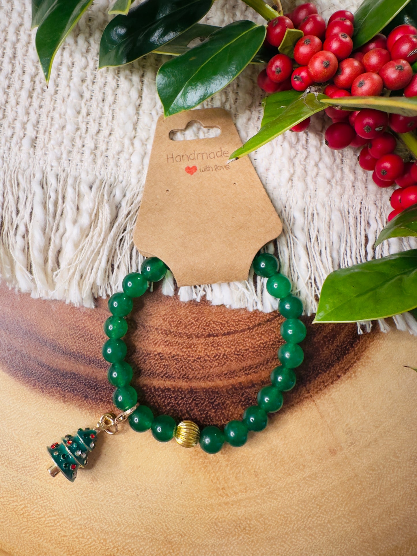 Green Jade Bracelet W/ Christmas Tree Charm