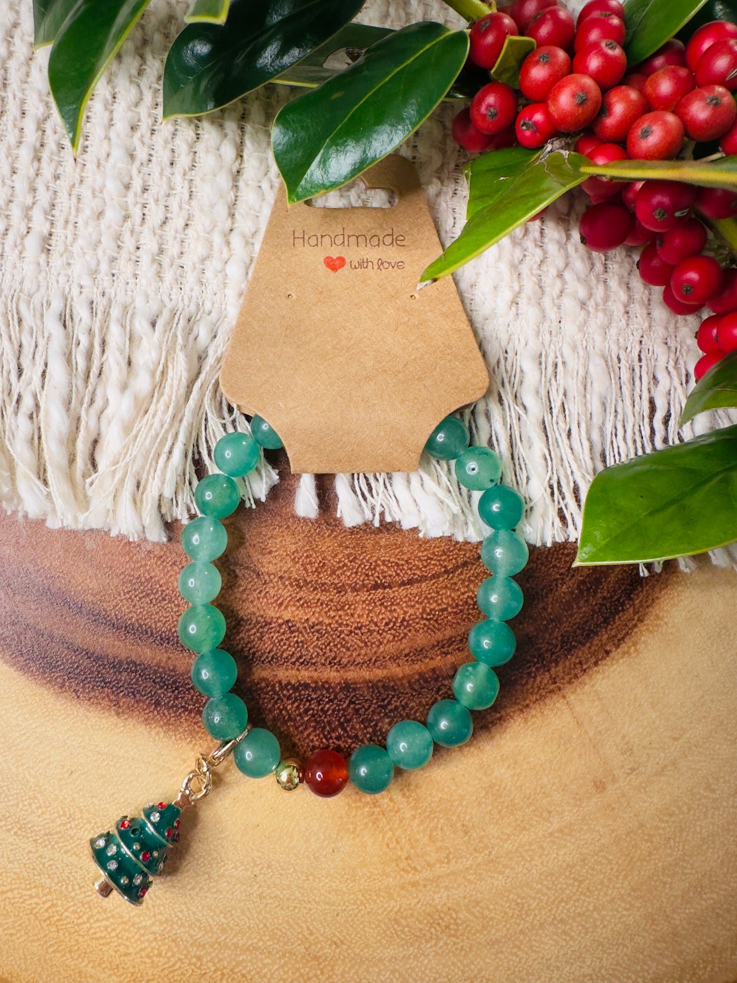 Green Aventurine-Red Agate Bracelet W/ Christmas Tree Charm