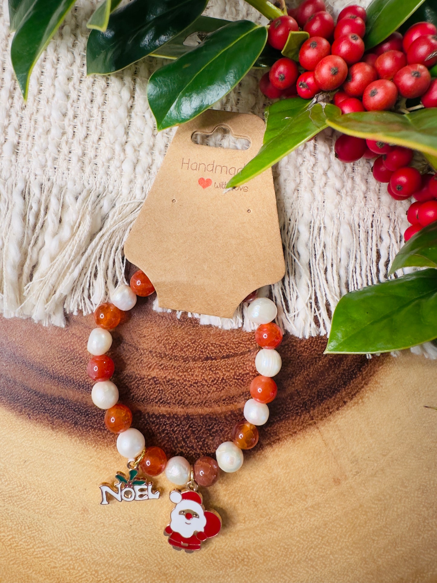 Natural Freshwater Pearl-Red Agate Bracelet W/ Santa Charms