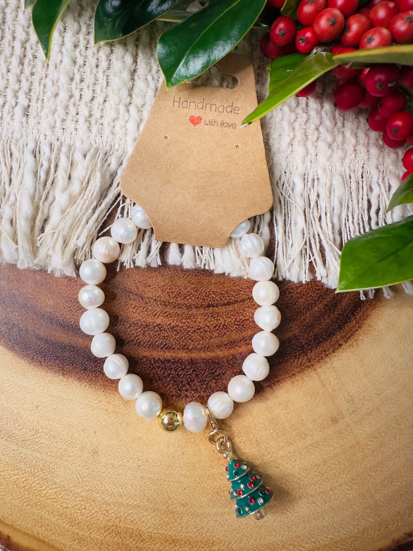 Natural Freshwater Pearl Bracelet W/ Christmas Tree Charm