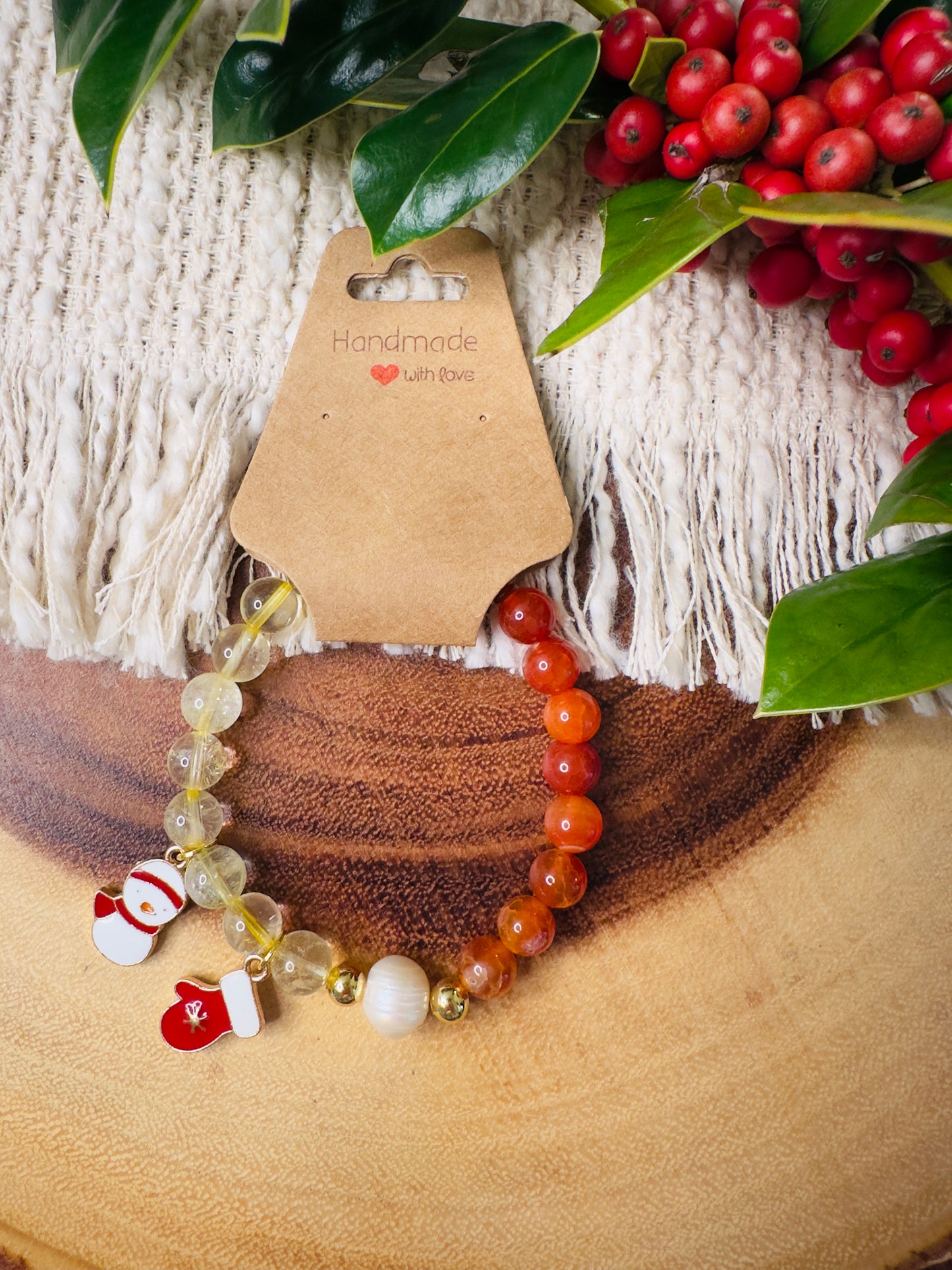 Citrine-Red Agate-Natural Freshwater Pearl Bracelet W/ Snowman and Mitten Charms