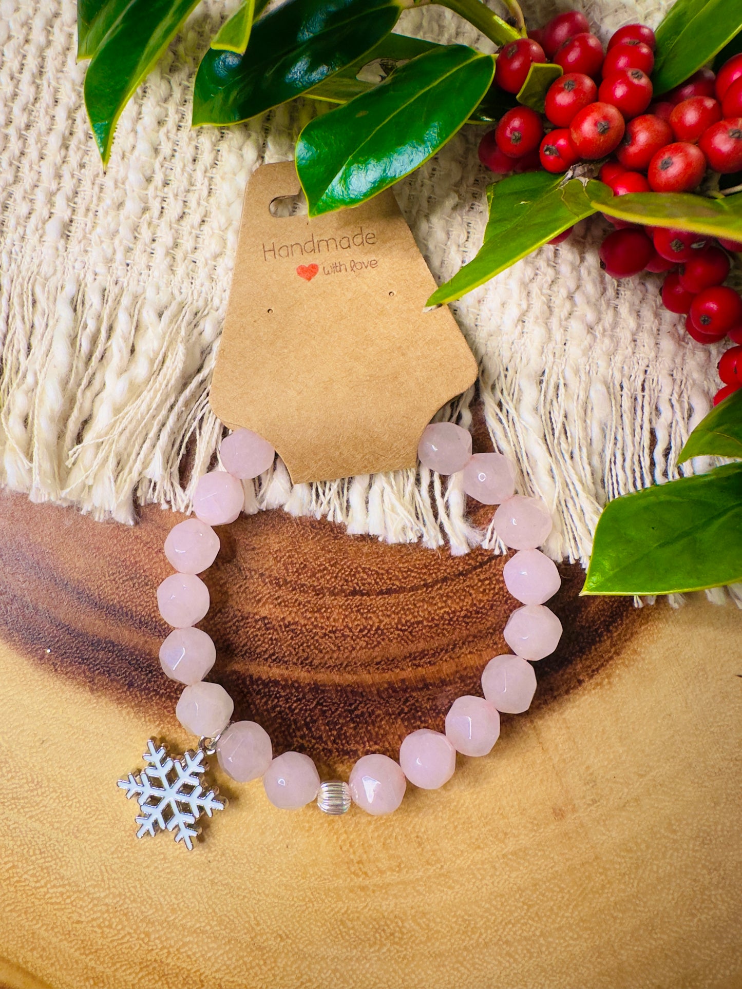 Faceted Rose Quartz Bracelet W/ Snowflake Charm