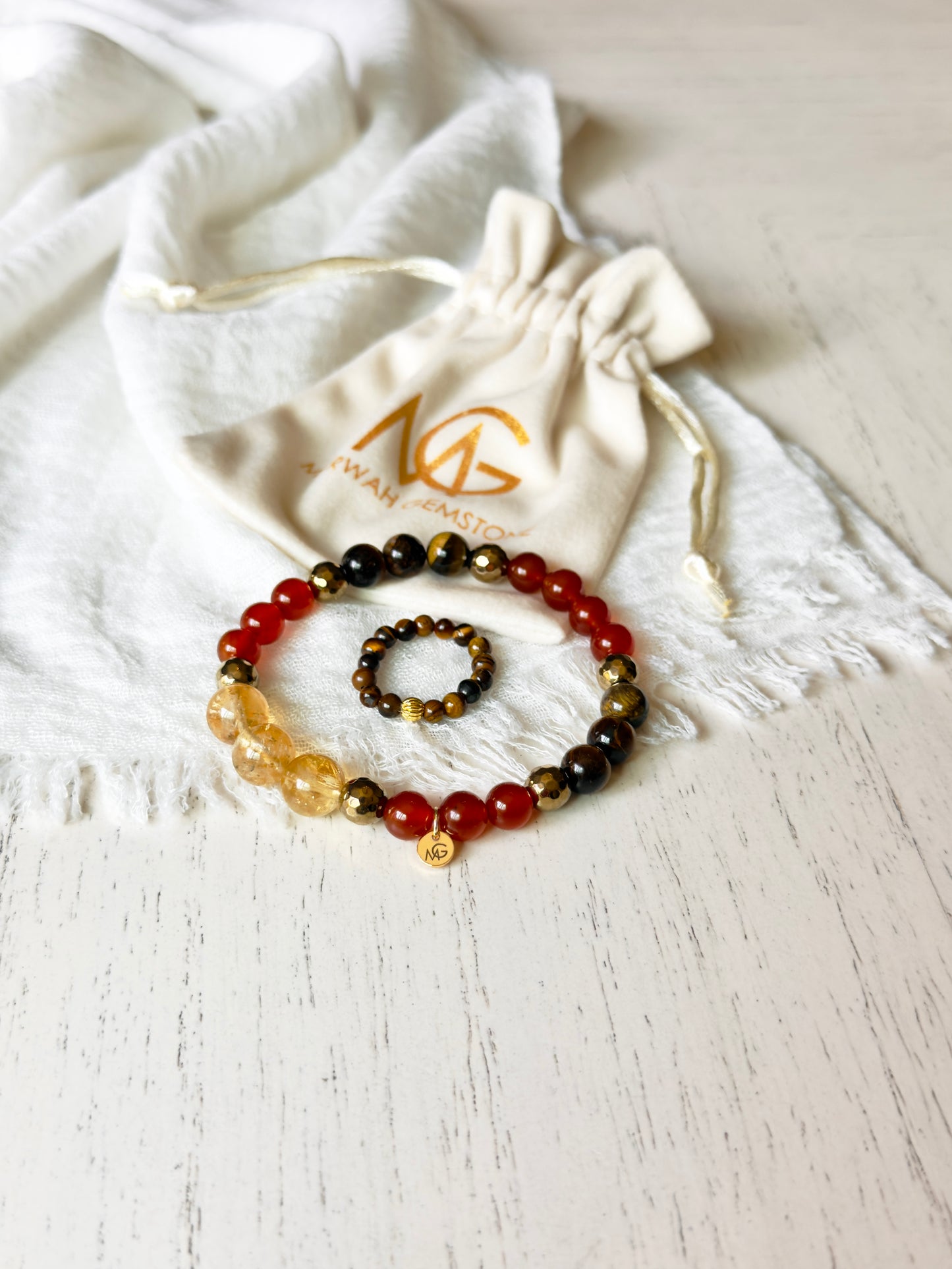Tiger Eye - Citrine - Red Agate Bracelet + Tiger Eye Ring Set