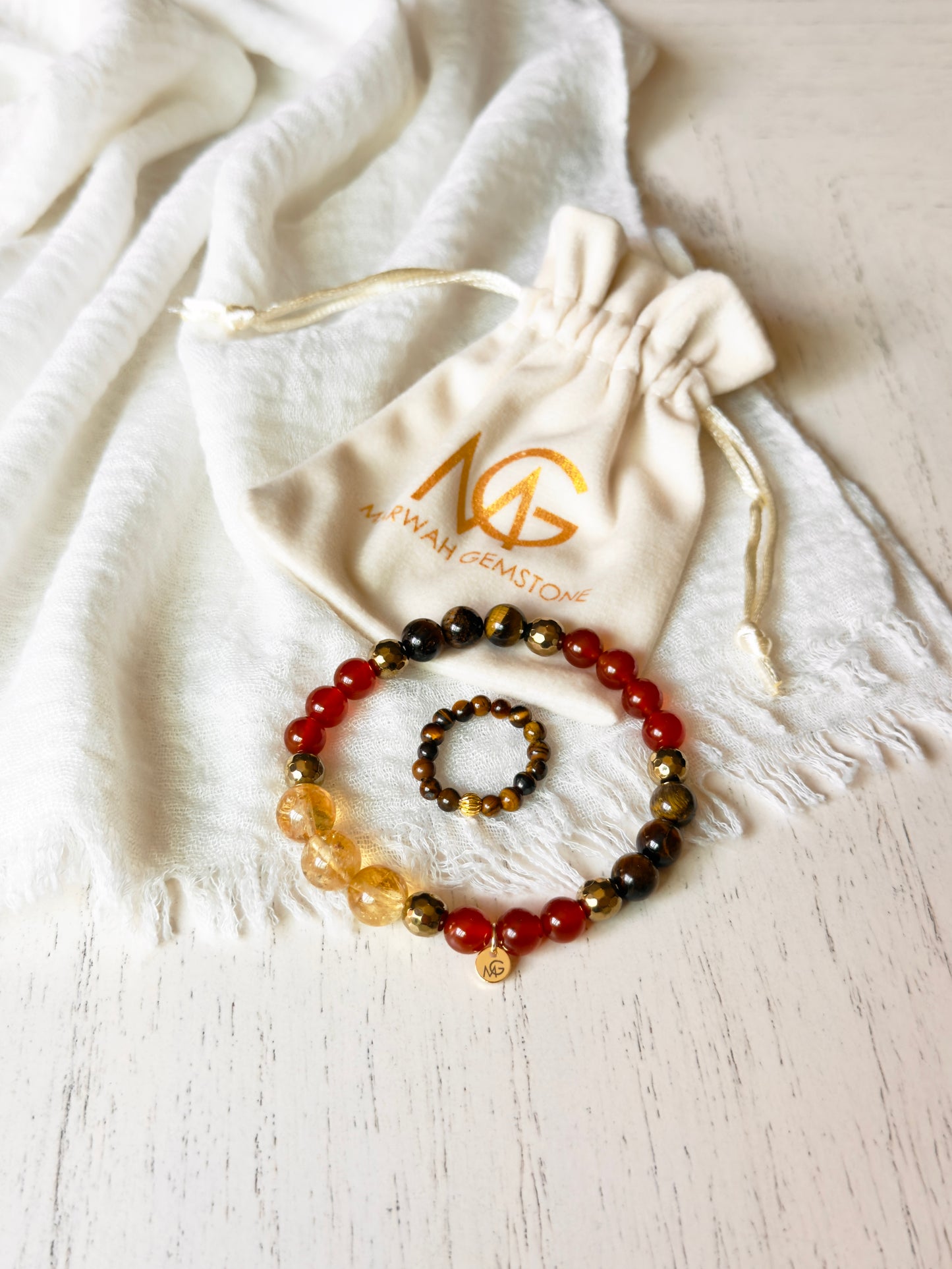 Tiger Eye - Citrine - Red Agate Bracelet + Tiger Eye Ring Set