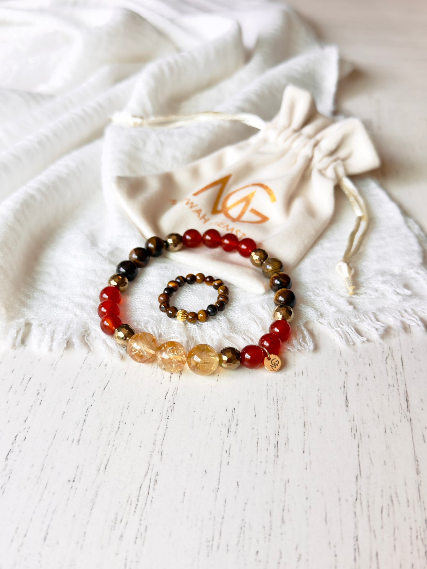 Tiger Eye - Citrine - Red Agate Bracelet + Tiger Eye Ring Set